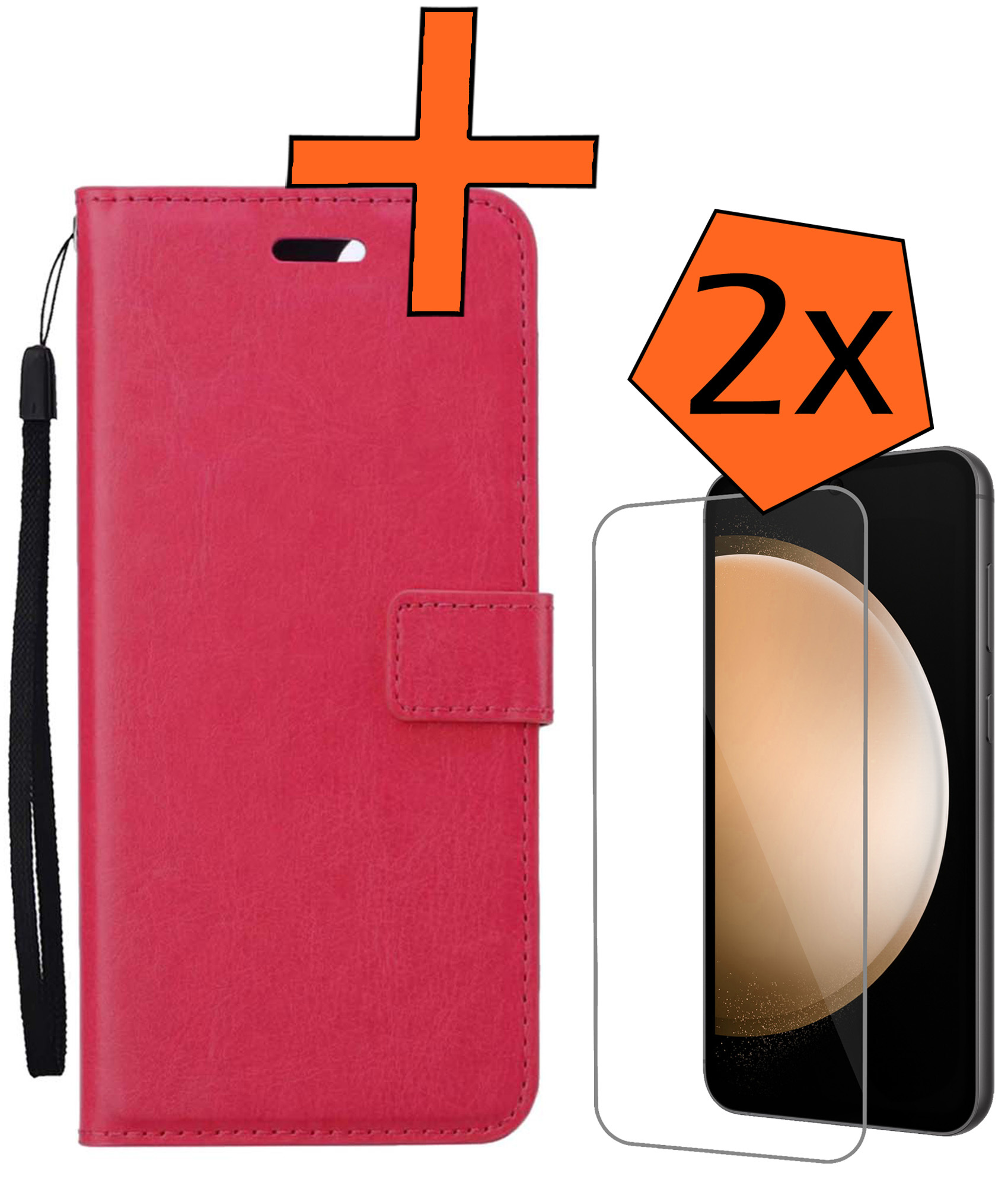Nomfy Hoesje Geschikt voor Samsung S23 FE Hoes Bookcase Flipcase Book Cover Met 2x Screenprotector - Hoes Geschikt voor Samsung Galaxy S23 FE Hoesje Book Case - Donkerroze
