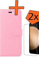 Nomfy Hoesje Geschikt voor Samsung S23 FE Hoes Bookcase Flipcase Book Cover Met 2x Screenprotector - Hoes Geschikt voor Samsung Galaxy S23 FE Hoesje Book Case - Lichtroze