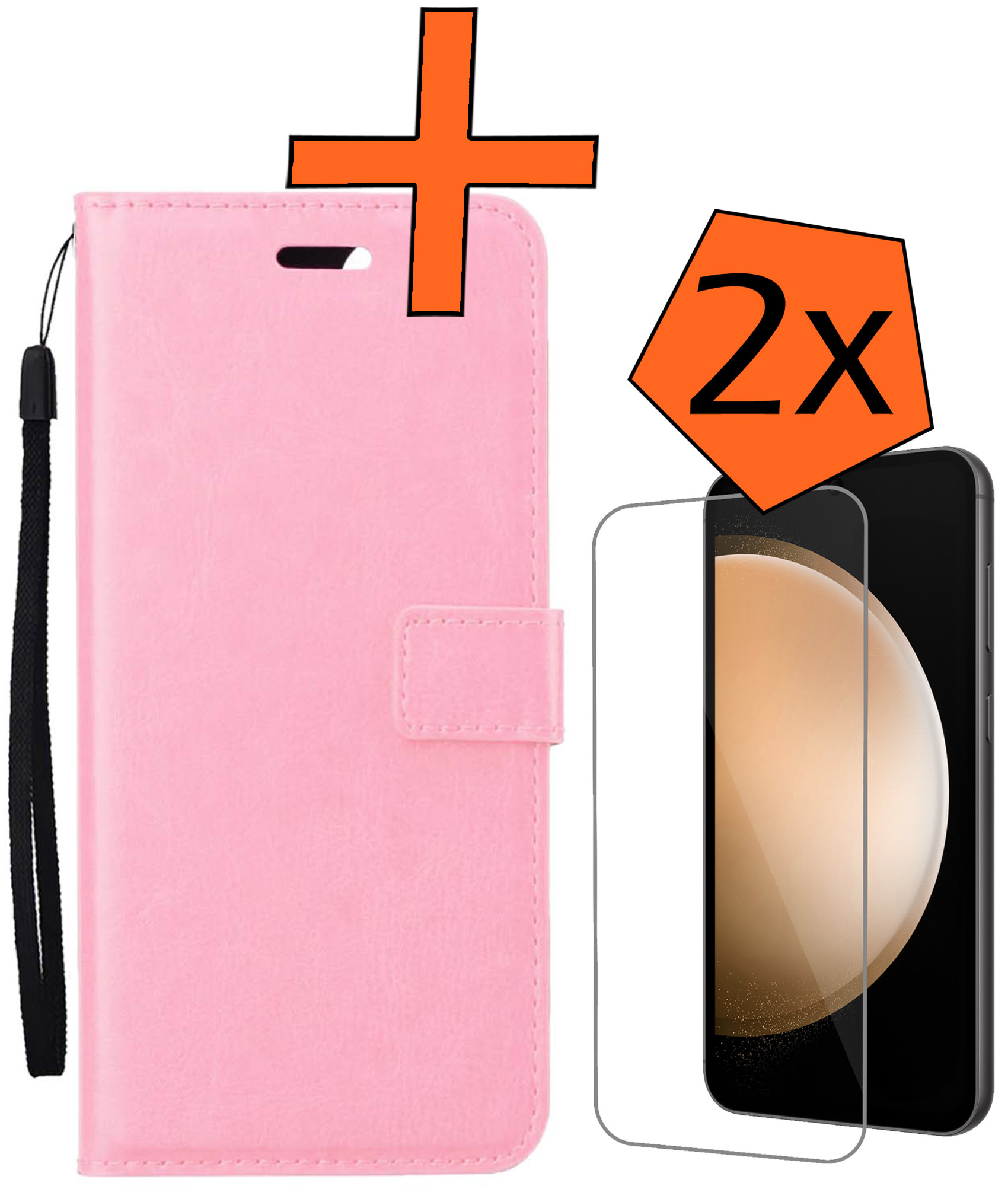 Nomfy Hoesje Geschikt voor Samsung S23 FE Hoes Bookcase Flipcase Book Cover Met 2x Screenprotector - Hoes Geschikt voor Samsung Galaxy S23 FE Hoesje Book Case - Lichtroze