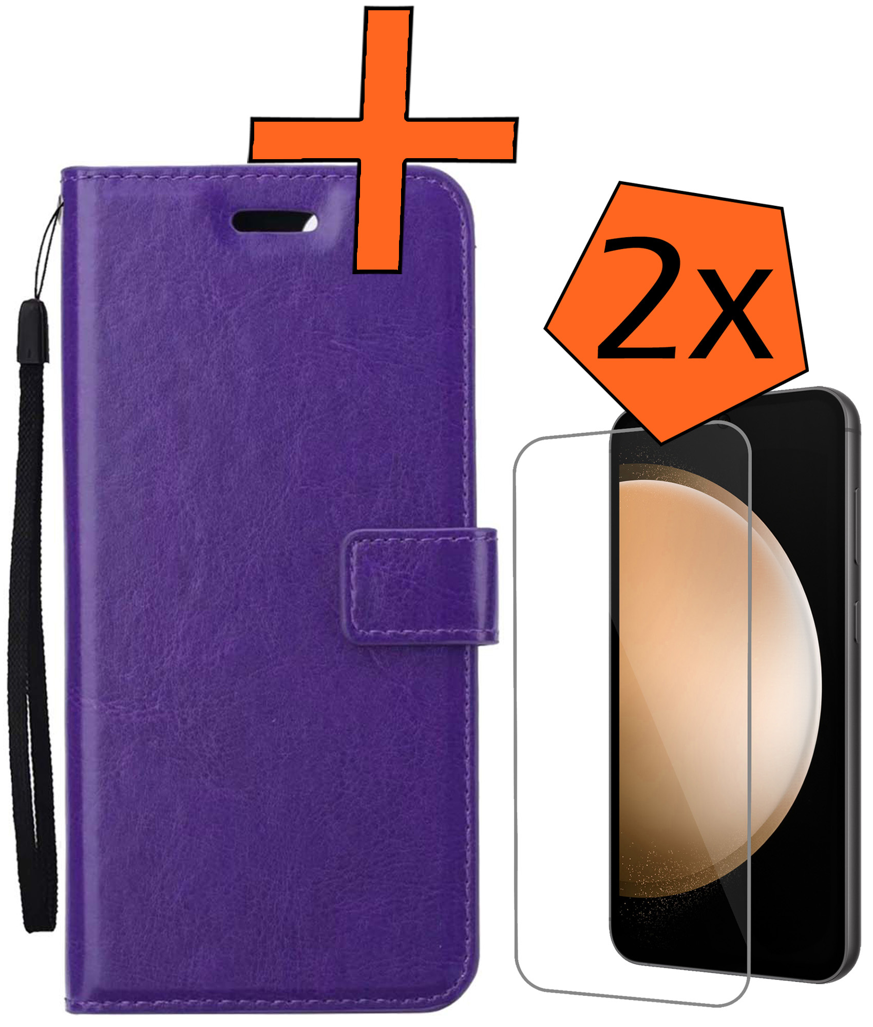 Nomfy Hoesje Geschikt voor Samsung S23 FE Hoes Bookcase Flipcase Book Cover Met 2x Screenprotector - Hoes Geschikt voor Samsung Galaxy S23 FE Hoesje Book Case - Paars