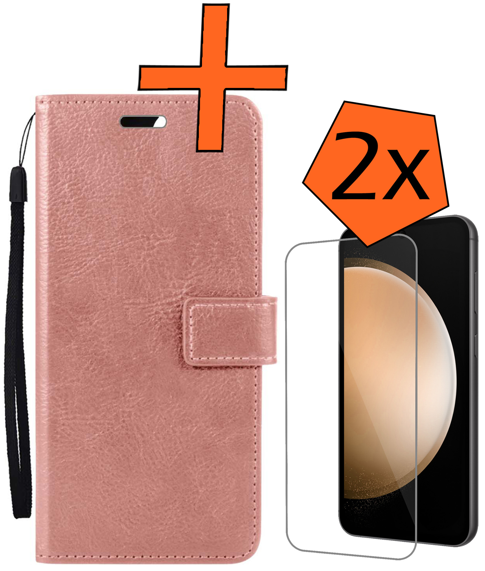 Nomfy Hoesje Geschikt voor Samsung S23 FE Hoes Bookcase Flipcase Book Cover Met 2x Screenprotector - Hoes Geschikt voor Samsung Galaxy S23 FE Hoesje Book Case - Rosé goud