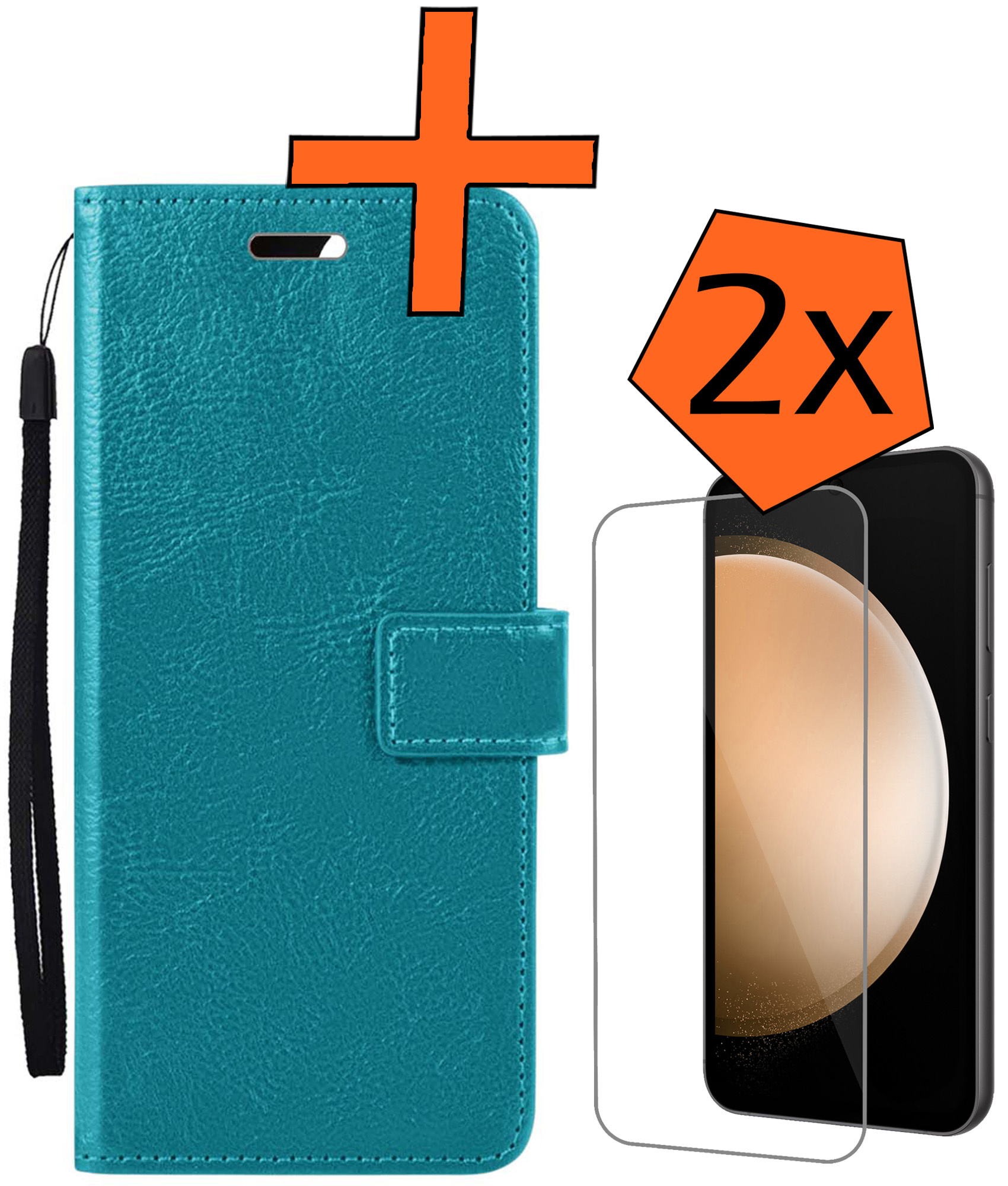 Nomfy Hoesje Geschikt voor Samsung S23 FE Hoes Bookcase Flipcase Book Cover Met 2x Screenprotector - Hoes Geschikt voor Samsung Galaxy S23 FE Hoesje Book Case - Turquoise