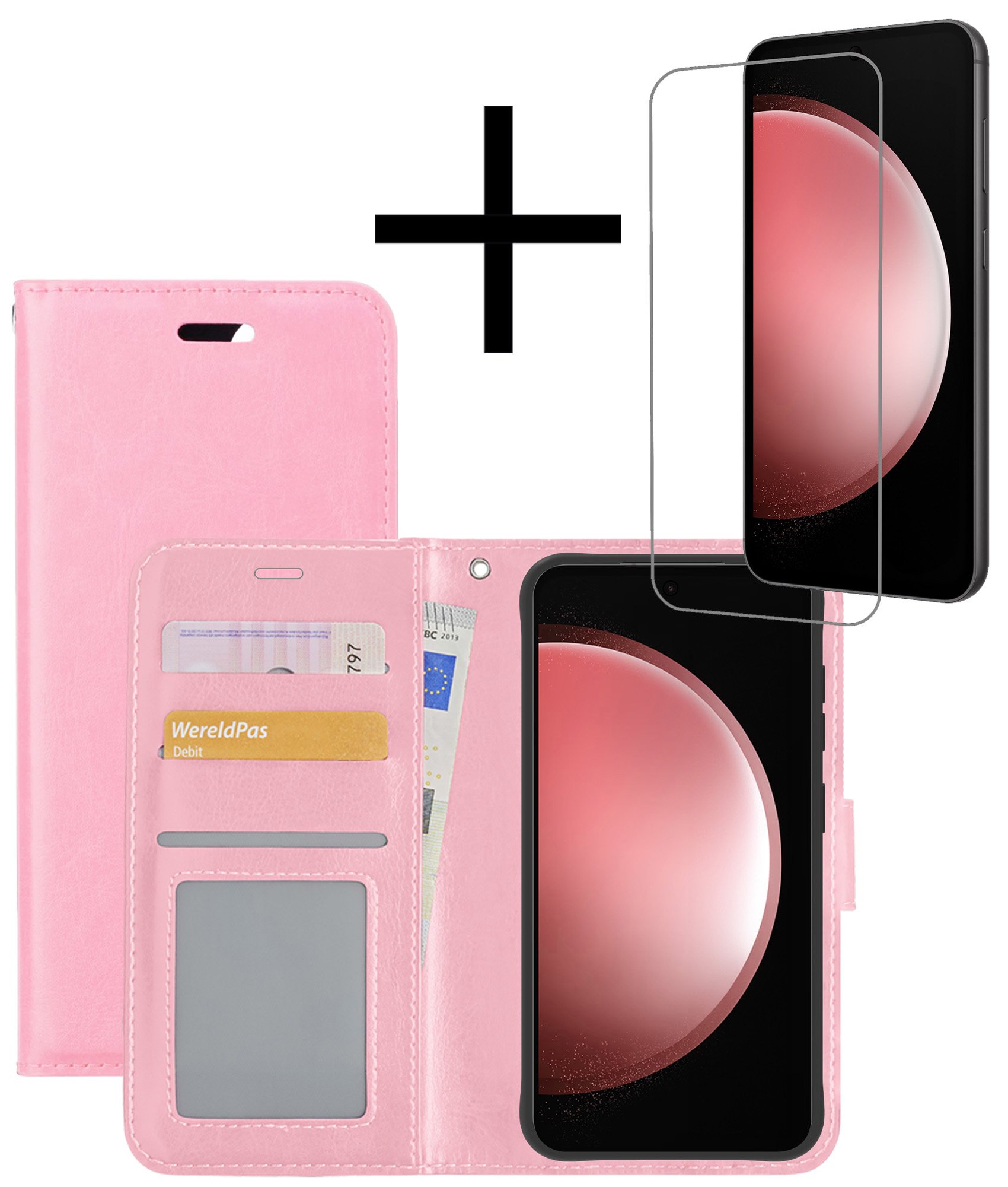 NoXx Hoes Geschikt voor Samsung S23 FE Hoesje Book Case Hoes Flip Cover Wallet Bookcase Met Screenprotector - Lichtroze