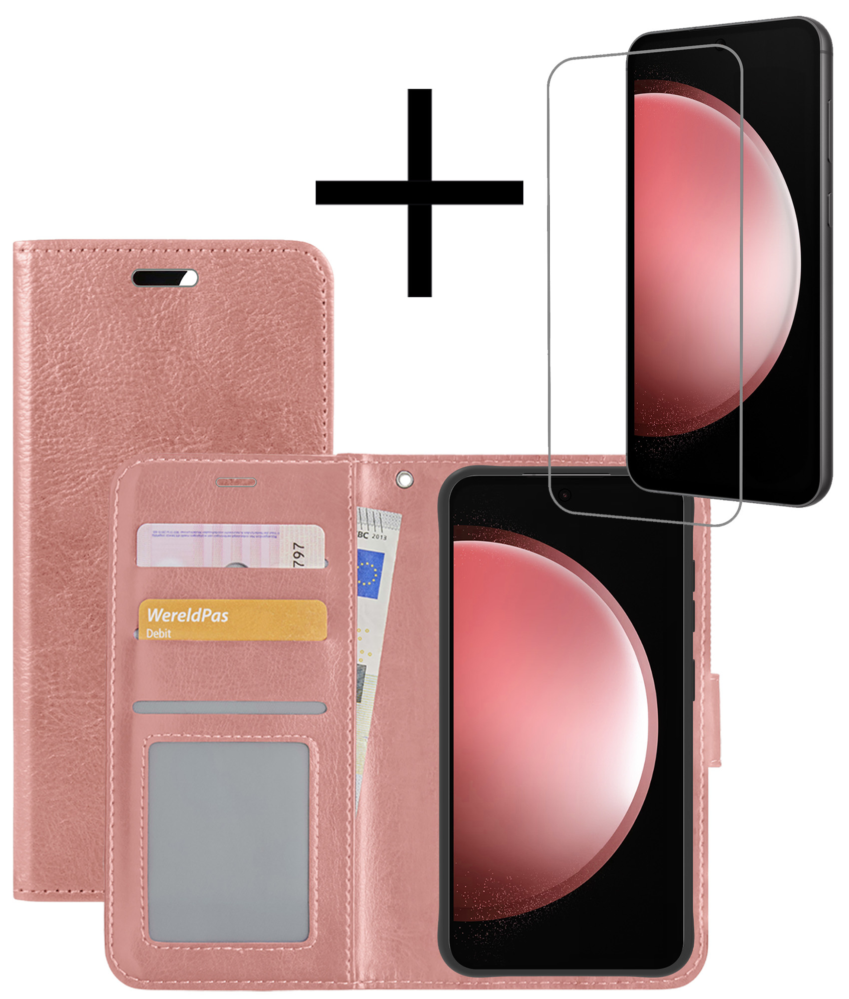 NoXx Hoes Geschikt voor Samsung S23 FE Hoesje Book Case Hoes Flip Cover Wallet Bookcase Met Screenprotector - Rosé goud