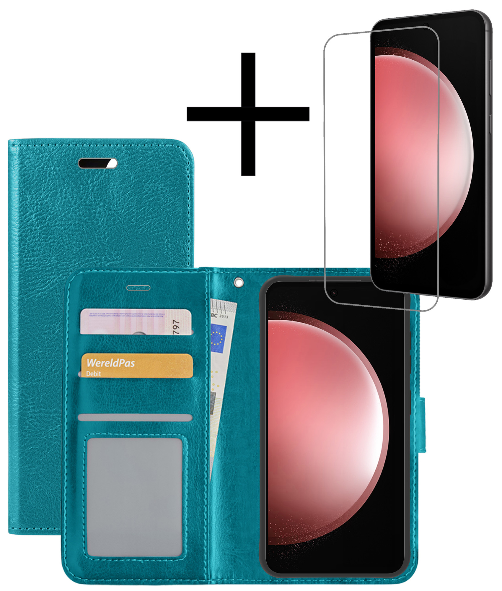 NoXx Hoes Geschikt voor Samsung S23 FE Hoesje Book Case Hoes Flip Cover Wallet Bookcase Met Screenprotector - Turquoise