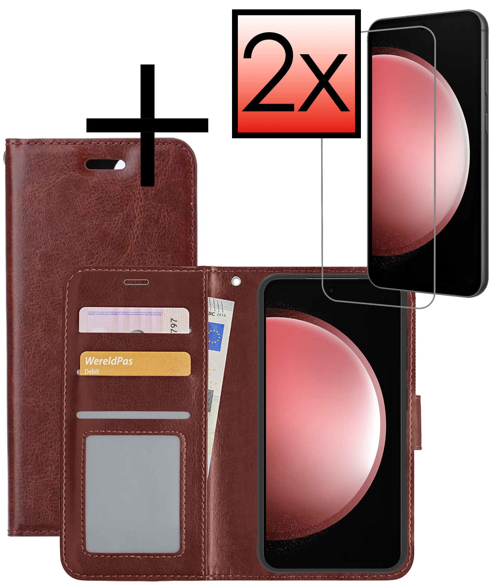 NoXx Hoes Geschikt voor Samsung S23 FE Hoesje Book Case Hoes Flip Cover Wallet Bookcase Met 2x Screenprotector - Bruin
