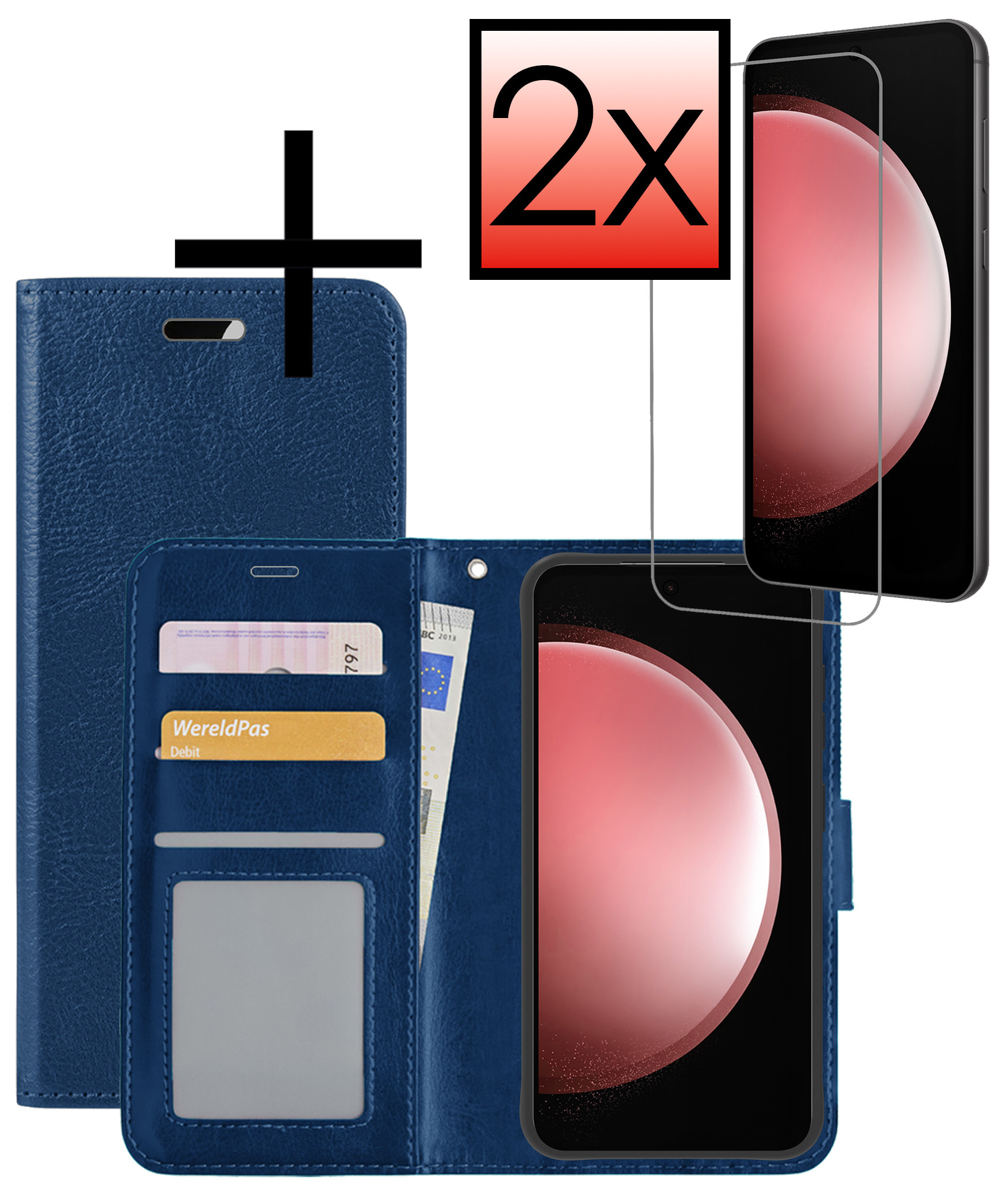 NoXx Hoes Geschikt voor Samsung S23 FE Hoesje Book Case Hoes Flip Cover Wallet Bookcase Met 2x Screenprotector - Donkerblauw