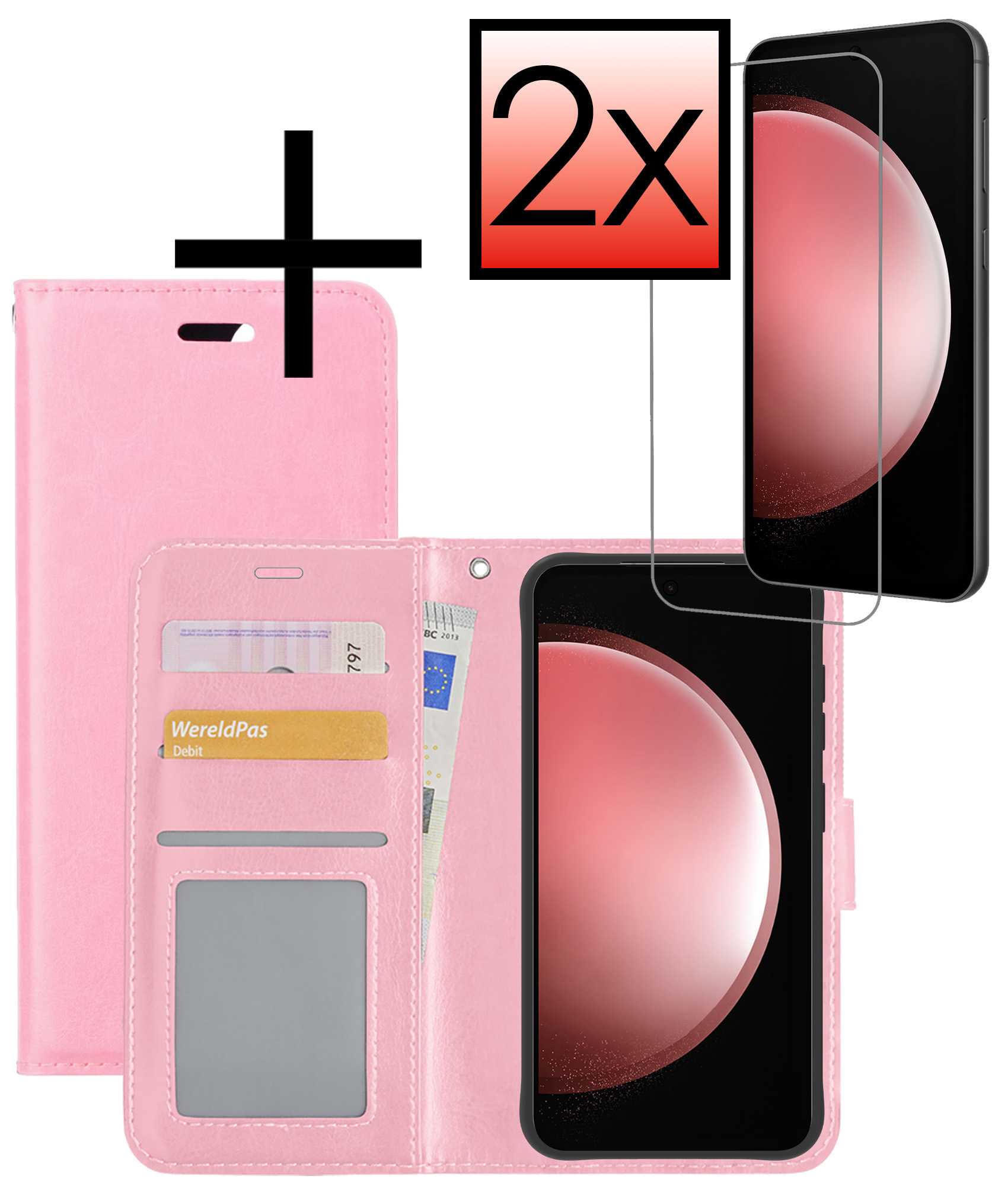 NoXx Hoes Geschikt voor Samsung S23 FE Hoesje Book Case Hoes Flip Cover Wallet Bookcase Met 2x Screenprotector - Lichtroze
