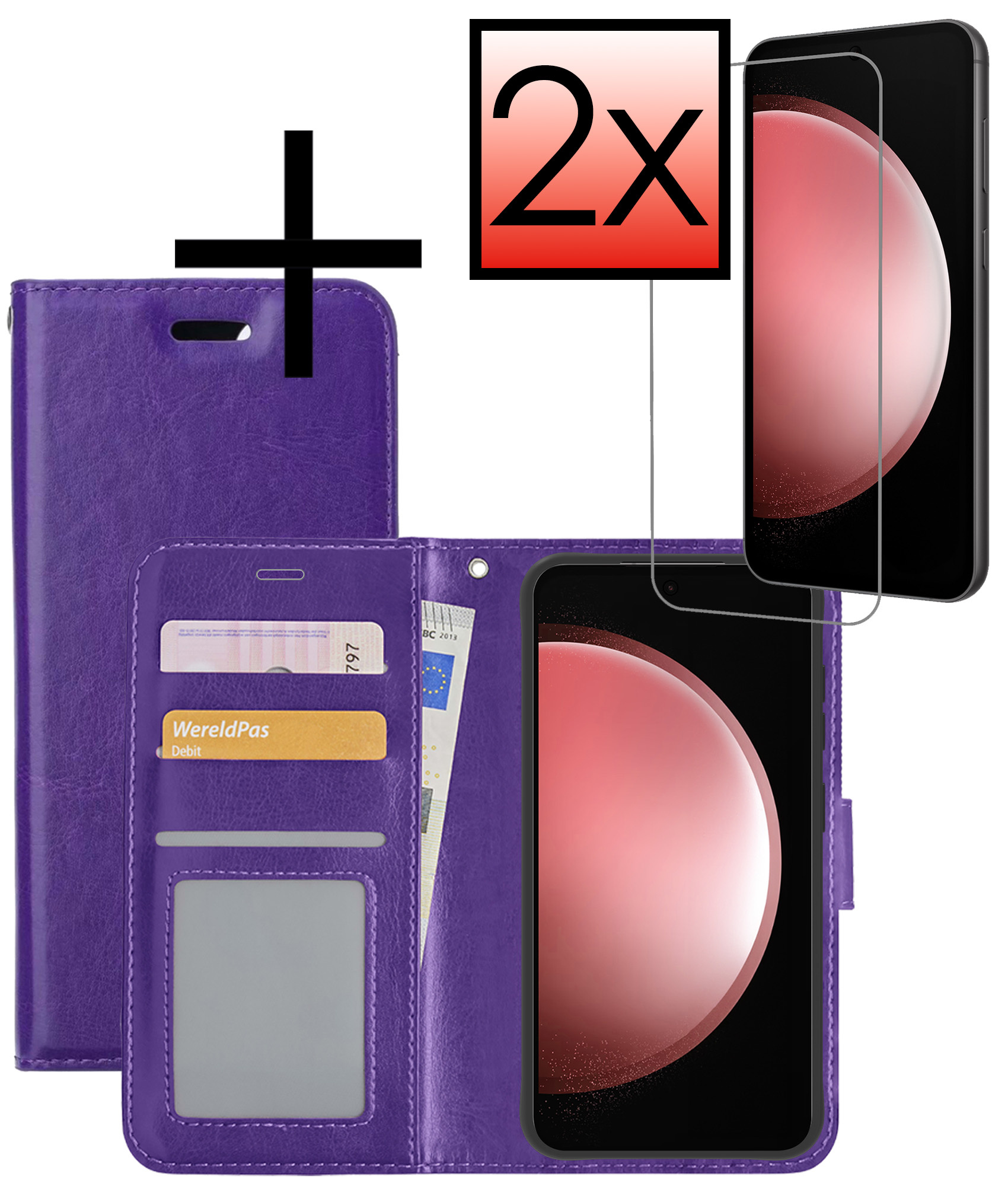 NoXx Hoes Geschikt voor Samsung S23 FE Hoesje Book Case Hoes Flip Cover Wallet Bookcase Met 2x Screenprotector - Paars