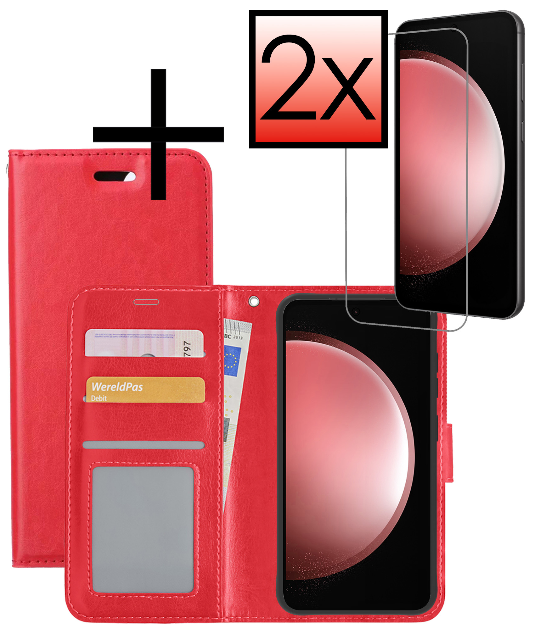 NoXx Hoes Geschikt voor Samsung S23 FE Hoesje Book Case Hoes Flip Cover Wallet Bookcase Met 2x Screenprotector - Rood