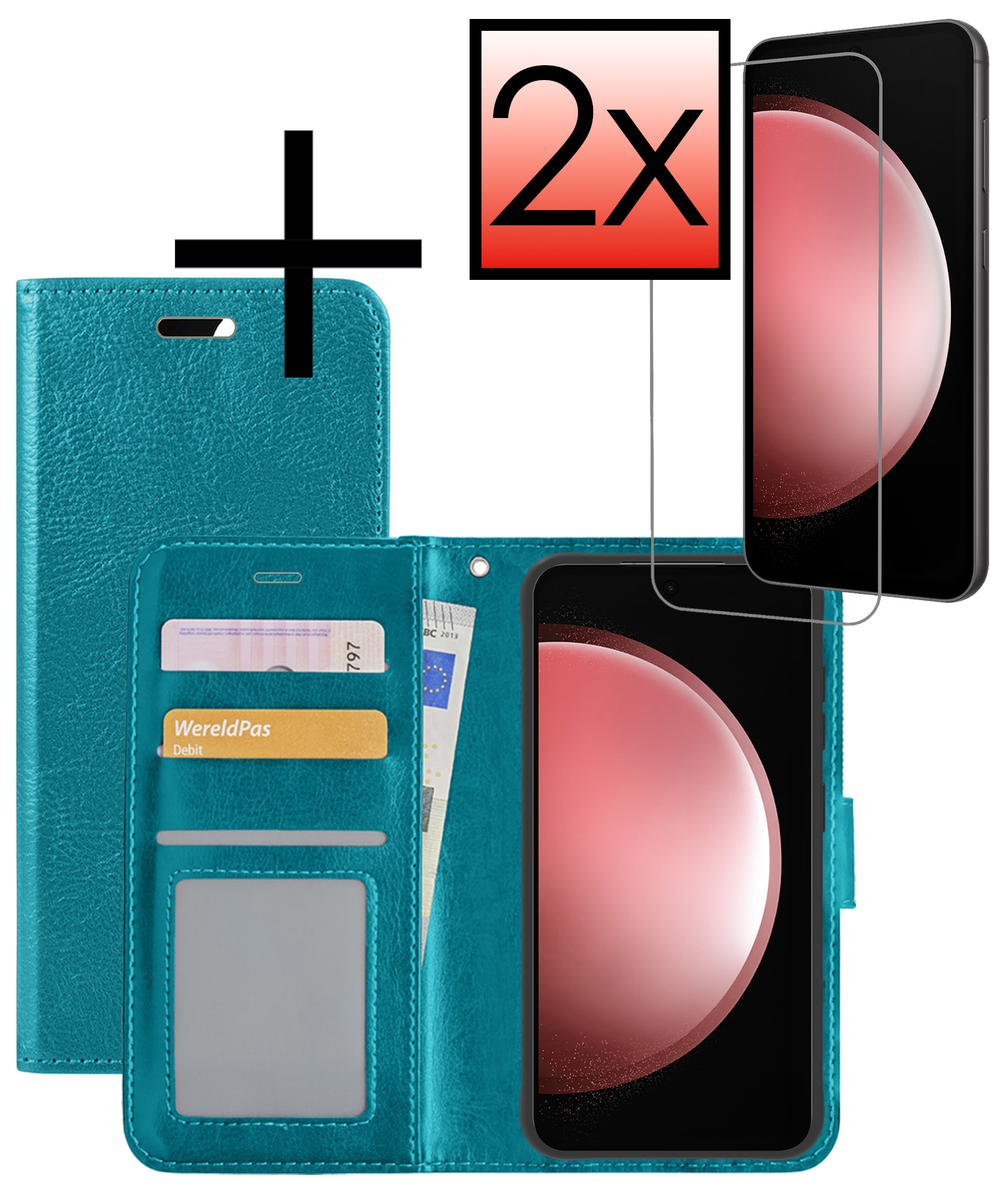 NoXx Hoes Geschikt voor Samsung S23 FE Hoesje Book Case Hoes Flip Cover Wallet Bookcase Met 2x Screenprotector - Turquoise
