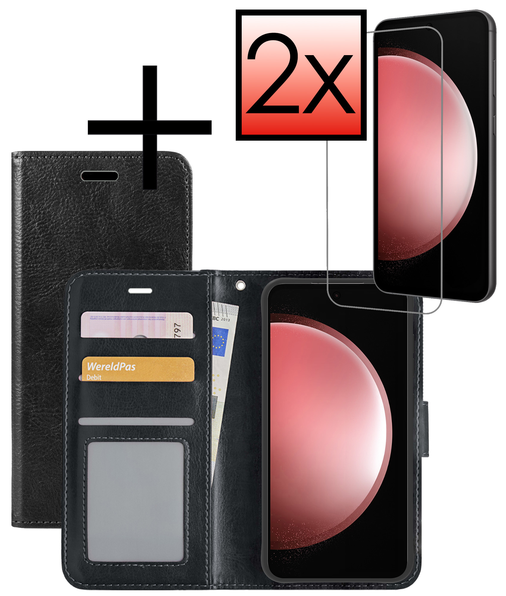 NoXx Hoes Geschikt voor Samsung S23 FE Hoesje Book Case Hoes Flip Cover Wallet Bookcase Met 2x Screenprotector - Zwart
