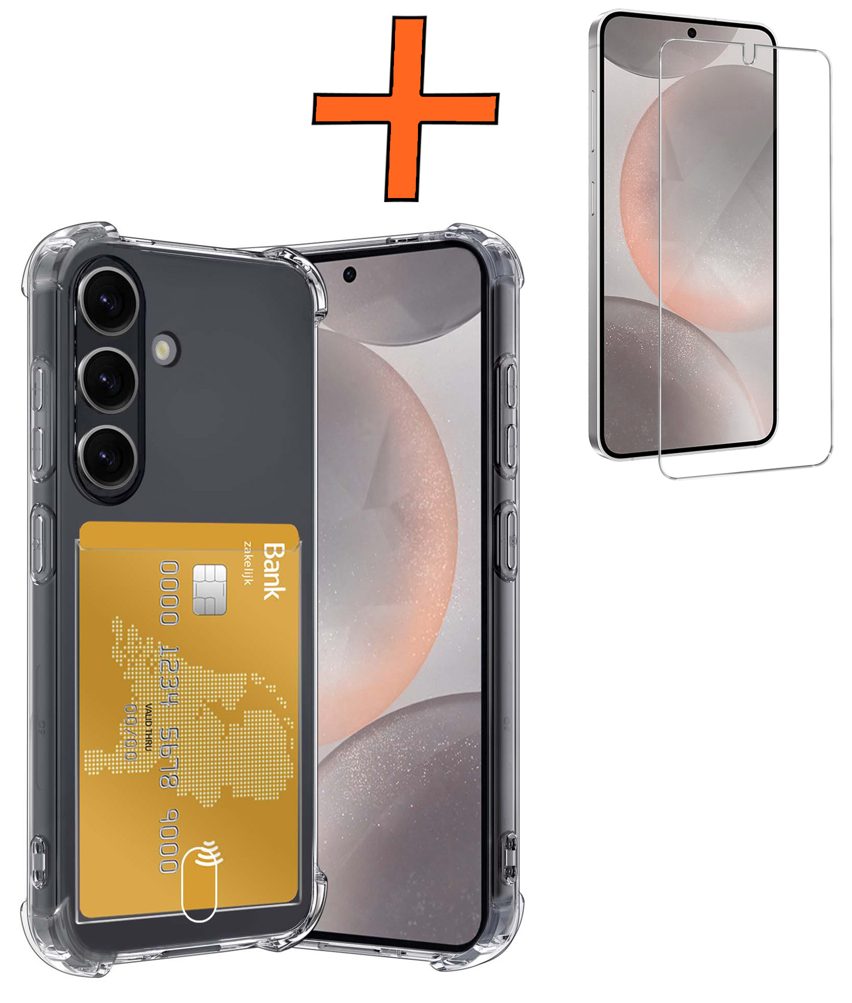 Nomfy Hoesje Geschikt voor Samsung S24 Plus Hoesje Pasjeshouder Shockproof Pas Houder Met Screenprotector - Hoesje Geschikt voor Samsung Galaxy S24 Plus Hoes Met Kaarthouder - Transparant