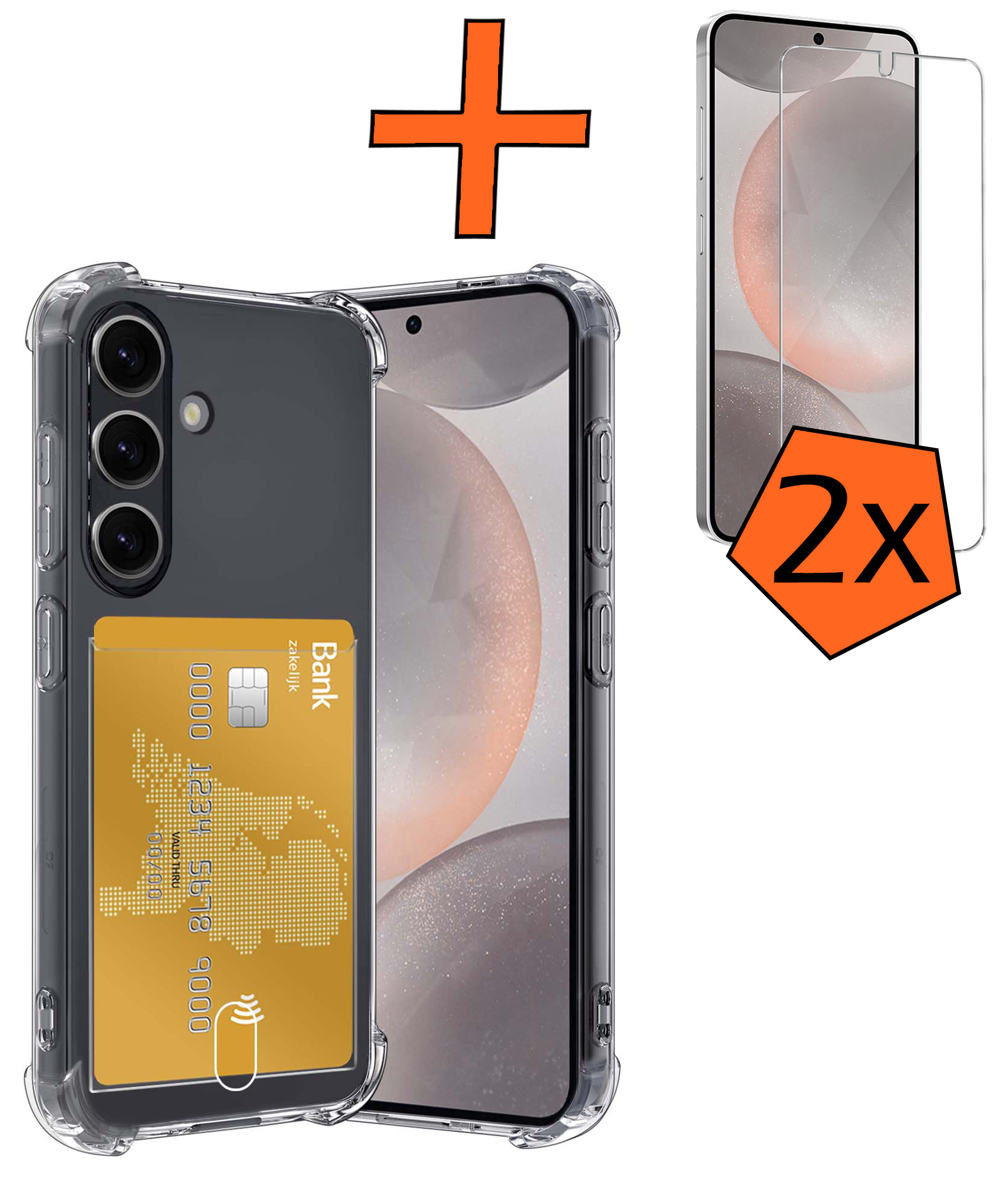 Nomfy Hoesje Geschikt voor Samsung S24 Hoesje Pasjeshouder Shockproof Pas Houder Met 2x Screenprotector - Hoesje Geschikt voor Samsung Galaxy S24 Hoes Met Kaarthouder - Transparant