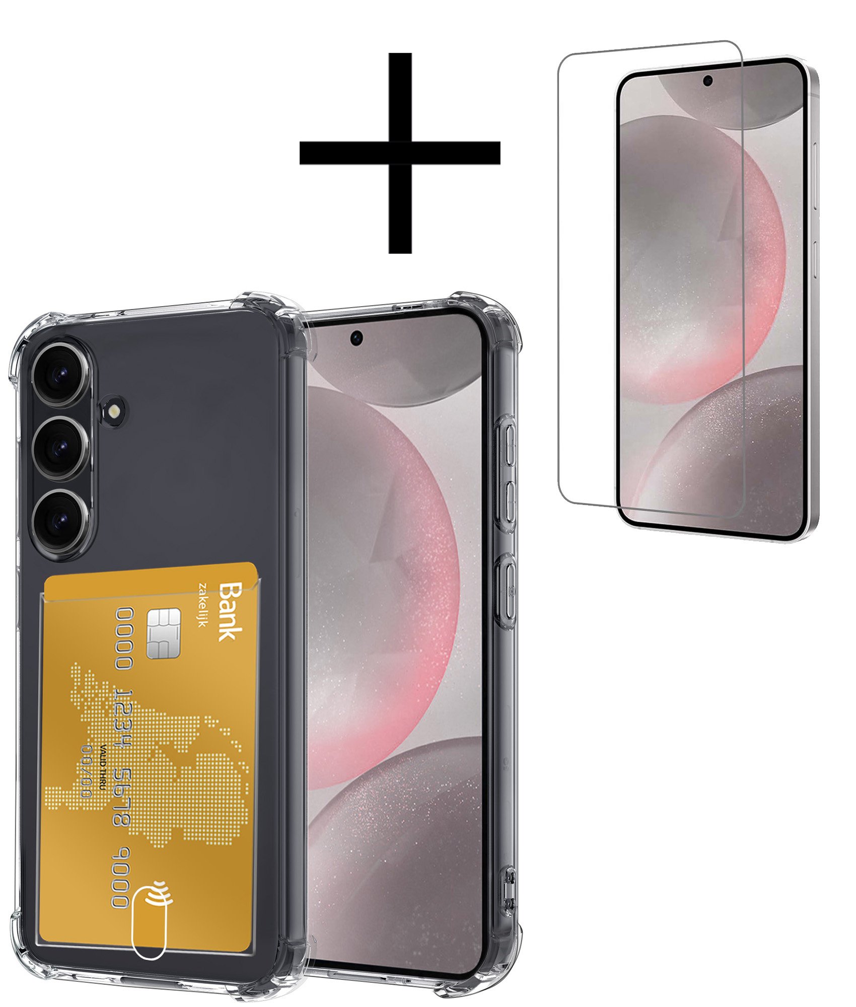 NoXx Hoes Geschikt voor Samsung S24 Plus Hoesje Pasjeshouder Cover Shock Proof Case Siliconen Hoes Met Kaarthouder Met Screenprotector - Transparant