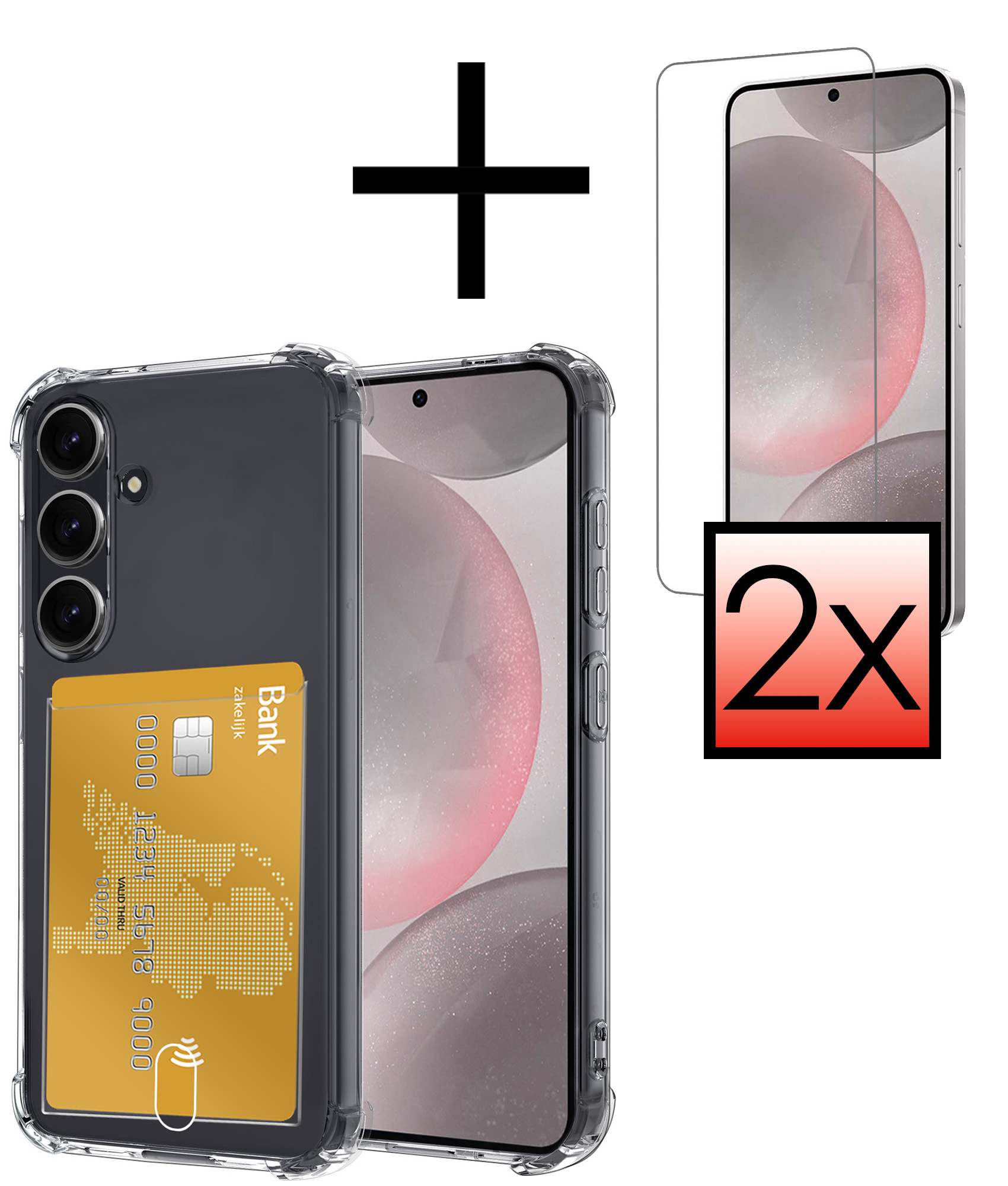 NoXx Hoes Geschikt voor Samsung S24 Hoesje Pasjeshouder Cover Shock Proof Case Siliconen Hoes Met Kaarthouder Met 2x Screenprotector - Transparant