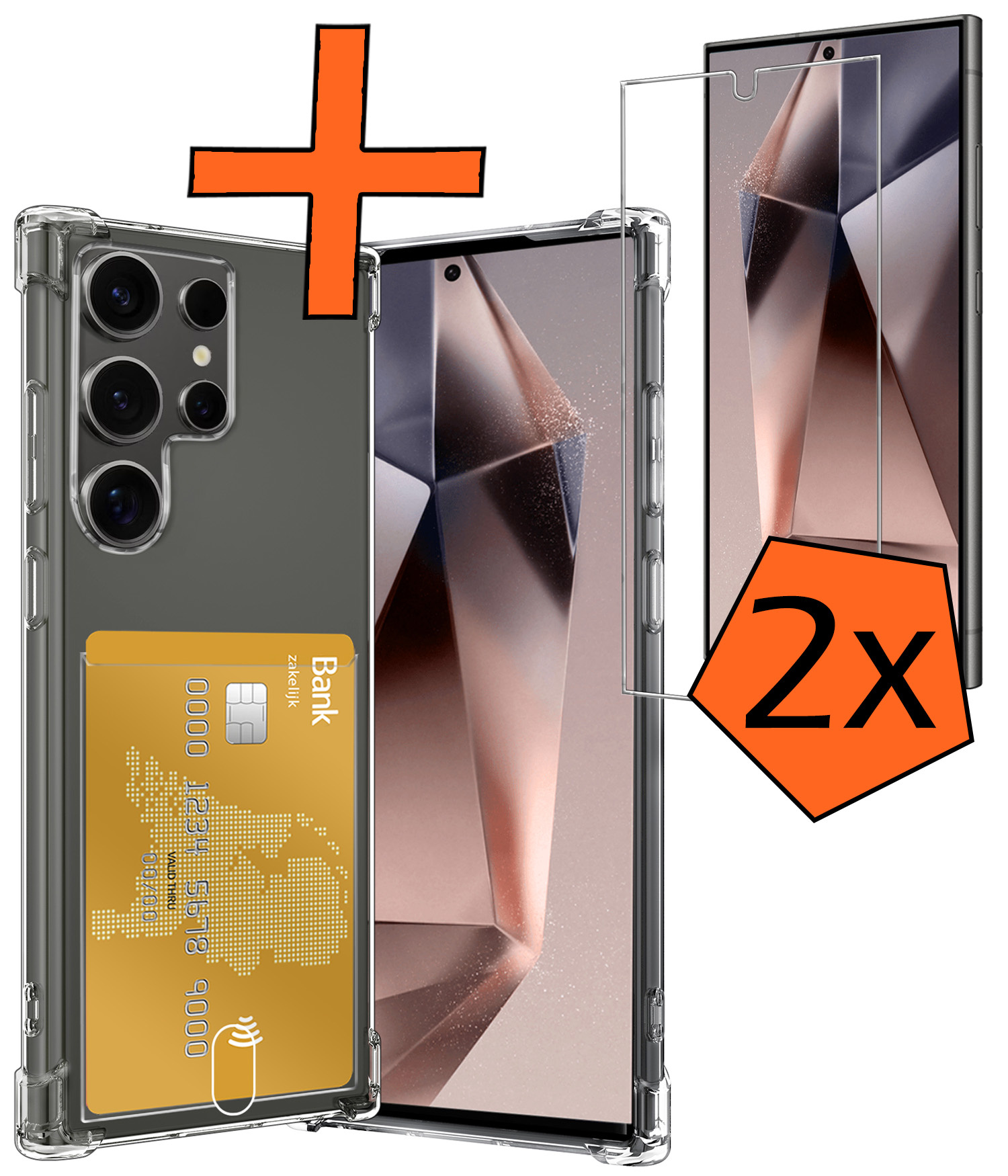 Nomfy Hoesje Geschikt voor Samsung S24 Ultra Hoesje Pasjeshouder Shockproof Pas Houder Met 2x Screenprotector - Hoesje Geschikt voor Samsung Galaxy S24 Ultra Hoes Met Kaarthouder - Transparant
