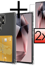 NoXx Hoes Geschikt voor Samsung S24 Ultra Hoesje Pasjeshouder Cover Shock Proof Case Siliconen Hoes Met Kaarthouder Met 2x Screenprotector - Transparant