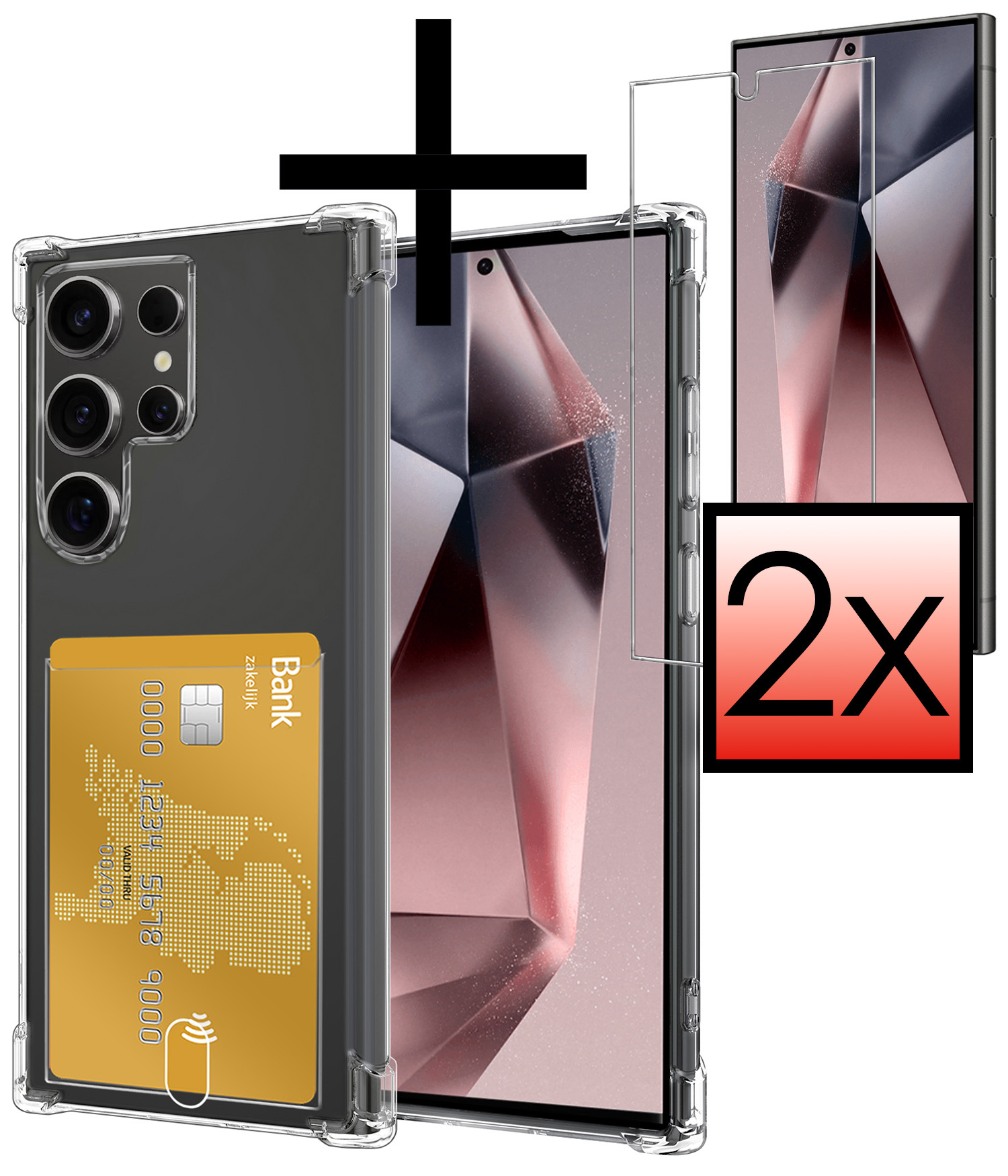 NoXx Hoes Geschikt voor Samsung S24 Ultra Hoesje Pasjeshouder Cover Shock Proof Case Siliconen Hoes Met Kaarthouder Met 2x Screenprotector - Transparant