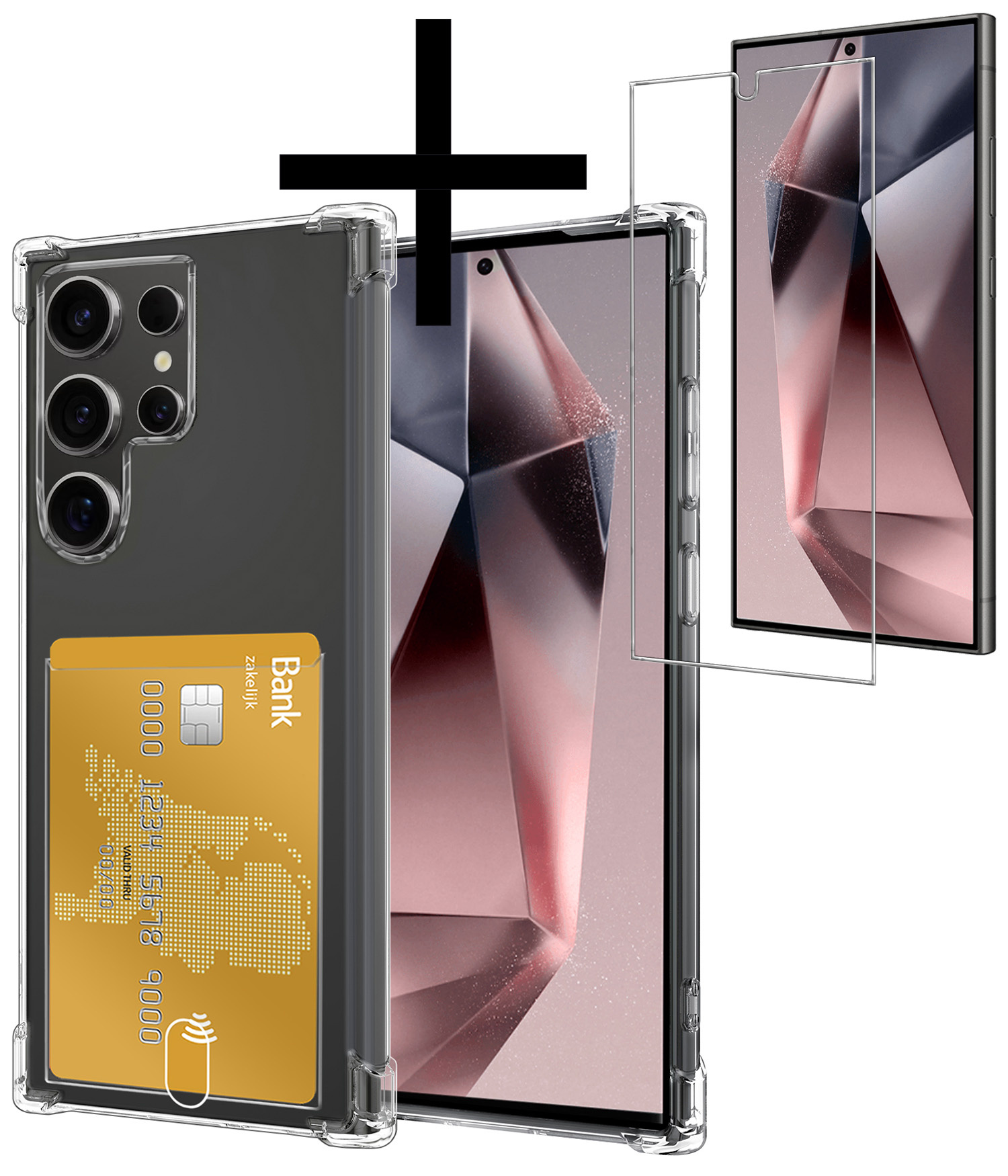 NoXx Hoes Geschikt voor Samsung S24 Ultra Hoesje Pasjeshouder Cover Shock Proof Case Siliconen Hoes Met Kaarthouder Met Screenprotector - Transparant