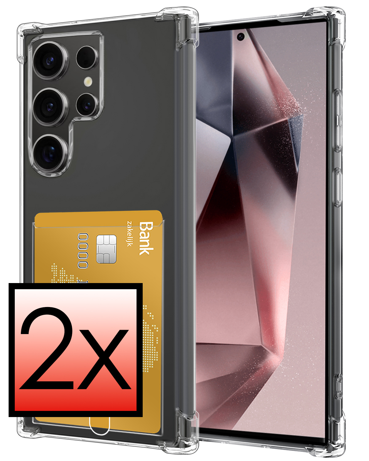 NoXx Hoes Geschikt voor Samsung S24 Ultra Hoesje Pasjeshouder Cover Shock Proof Case Siliconen Hoes Met Kaarthouder - Transparant - 2x