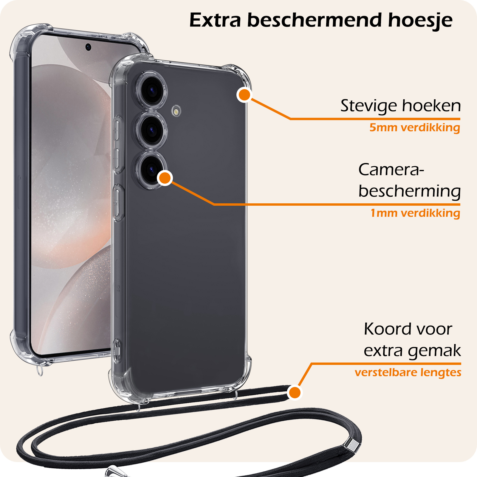 Nomfy Hoesje Geschikt voor Samsung S24 Plus Hoesje Shock Proof Transparant Met Telefoonketting Case Shock Koord - Hoesje Geschikt voor Samsung Galaxy S24 Plus Shock Proof Case Met Koord - Transparant