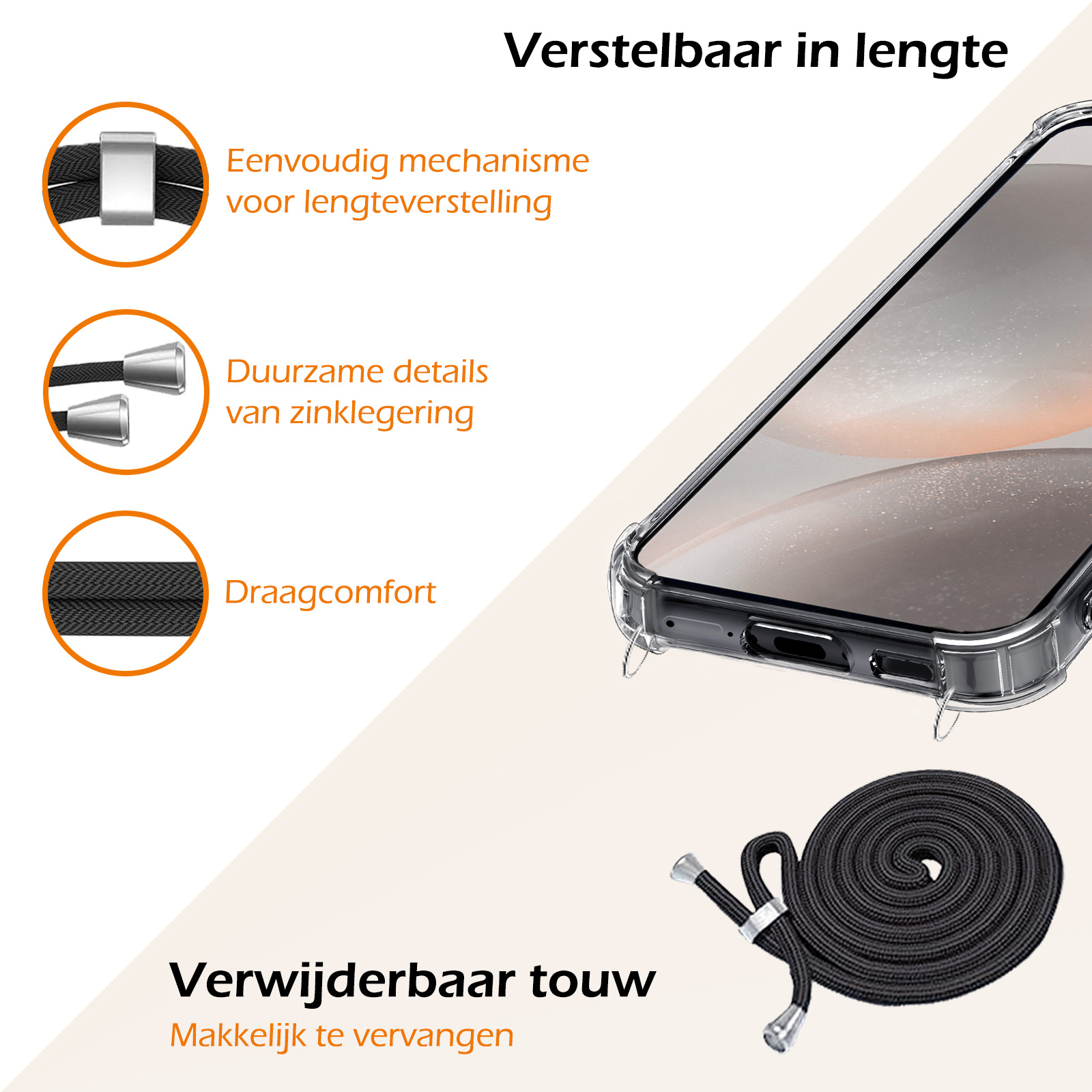 Nomfy Hoesje Geschikt voor Samsung S24 Hoesje Shock Proof Transparant Met Telefoonketting Case Shock Koord - Hoesje Geschikt voor Samsung Galaxy S24 Shock Proof Case Met Koord - Transparant