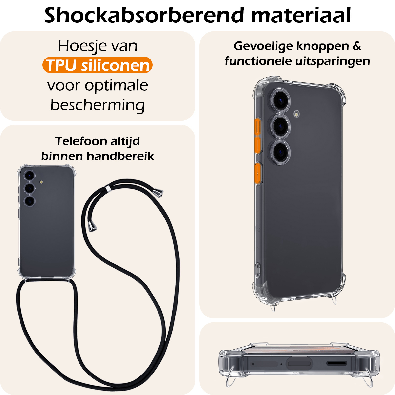 Nomfy Hoesje Geschikt voor Samsung S24 Hoesje Shock Proof Transparant Met Telefoonketting Case Shock Koord - Hoesje Geschikt voor Samsung Galaxy S24 Shock Proof Case Met Koord - Transparant