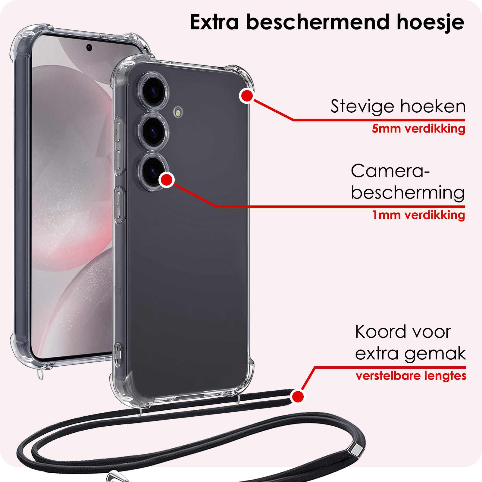 NoXx Hoes Geschikt voor Samsung S24 Hoesje Transparant Met Telefoonkoord Cover Shock Proof Case Koord Hoes