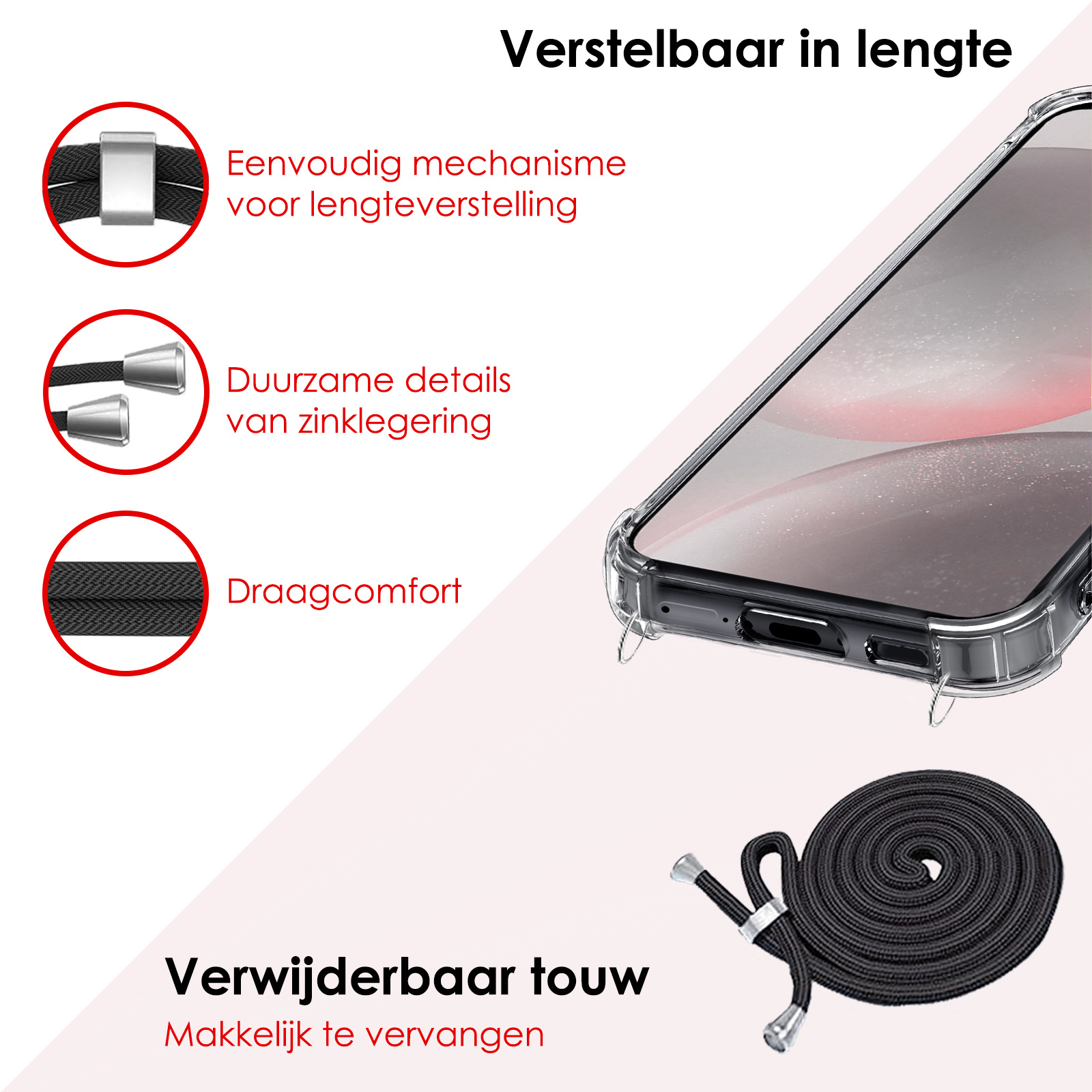 NoXx Hoes Geschikt voor Samsung S24 Hoesje Transparant Met Telefoonkoord Cover Shock Proof Case Koord Hoes