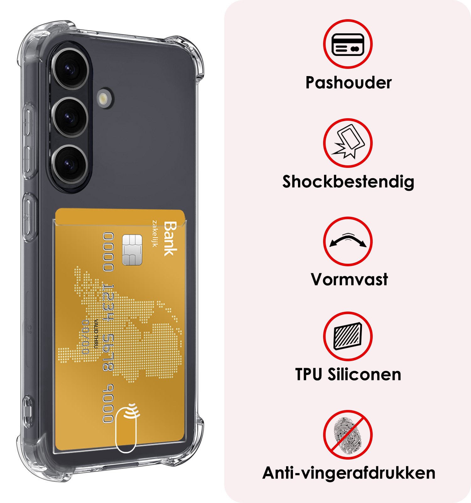 NoXx Hoes Geschikt voor Samsung S24 Plus Hoesje Pasjeshouder Cover Shock Proof Case Siliconen Hoes Met Kaarthouder Met Screenprotector - Transparant