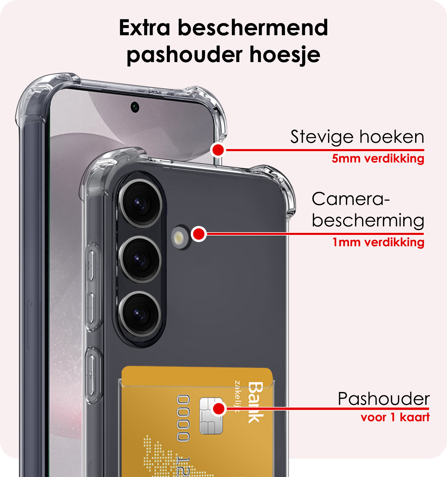 NoXx Hoes Geschikt voor Samsung S24 Hoesje Pasjeshouder Cover Shock Proof Case Siliconen Hoes Met Kaarthouder Met 2x Screenprotector - Transparant