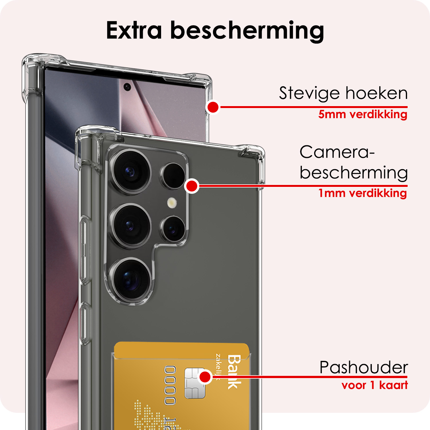 NoXx Hoes Geschikt voor Samsung S24 Ultra Hoesje Pasjeshouder Cover Shock Proof Case Siliconen Hoes Met Kaarthouder - Transparant - 2x