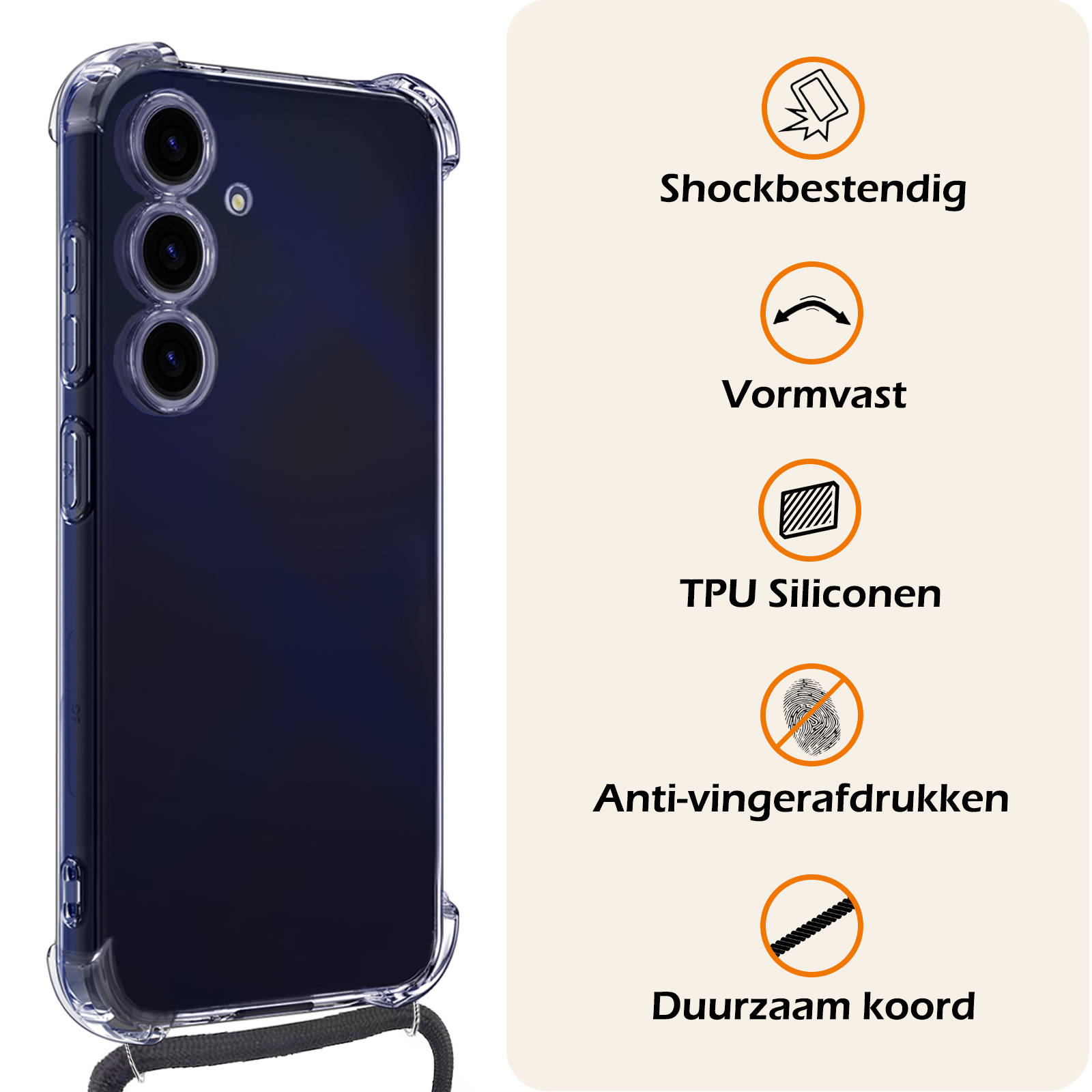 Nomfy Hoesje Geschikt voor Samsung A15 Hoesje Shock Proof Transparant Met Telefoonketting Case Shock Koord - Hoesje Geschikt voor Samsung Galaxy A15 Shock Proof Case Met Koord - Transparant