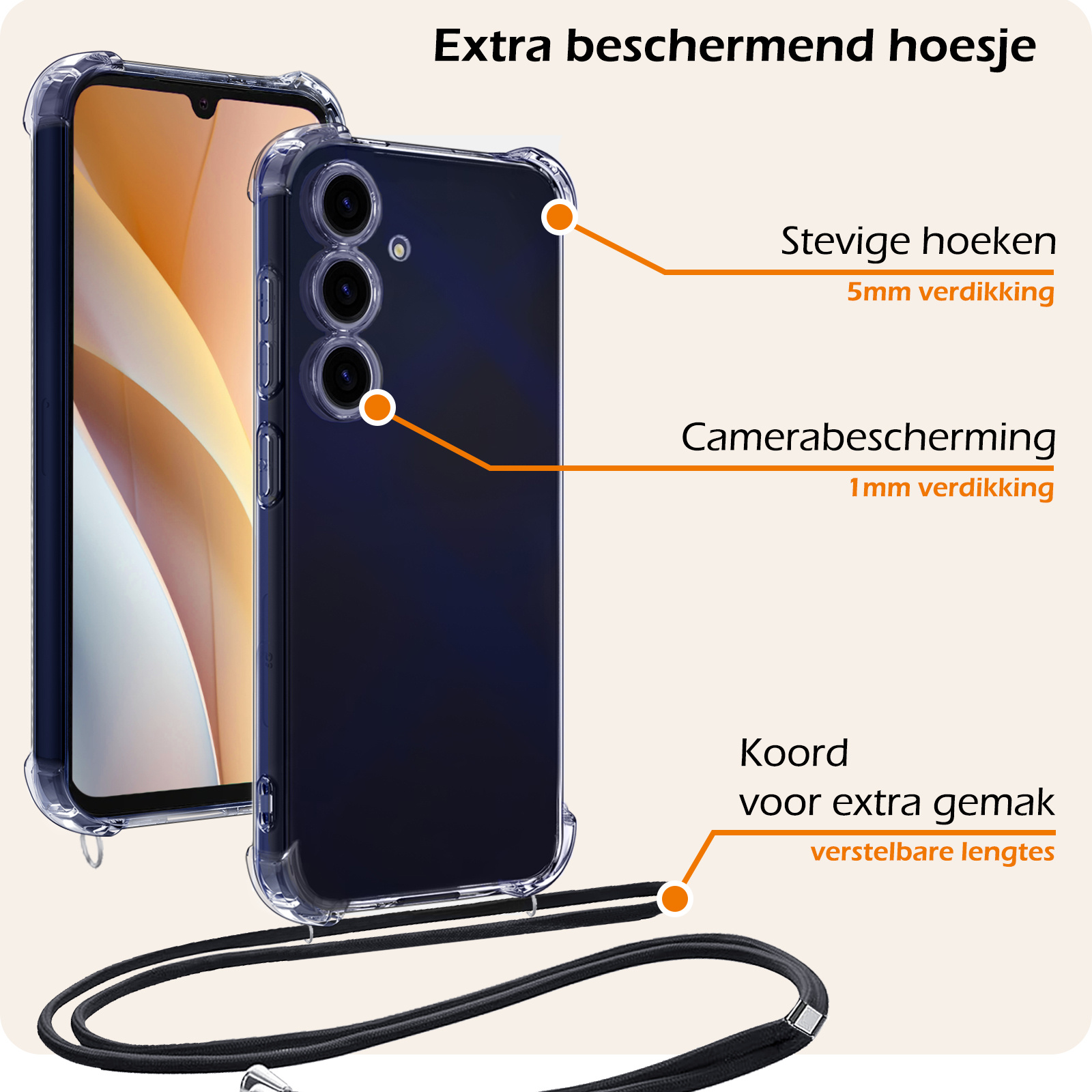 Nomfy Hoesje Geschikt voor Samsung A15 Hoesje Shock Proof Transparant Met Telefoonketting Case Shock Koord - Hoesje Geschikt voor Samsung Galaxy A15 Shock Proof Case Met Koord - Transparant