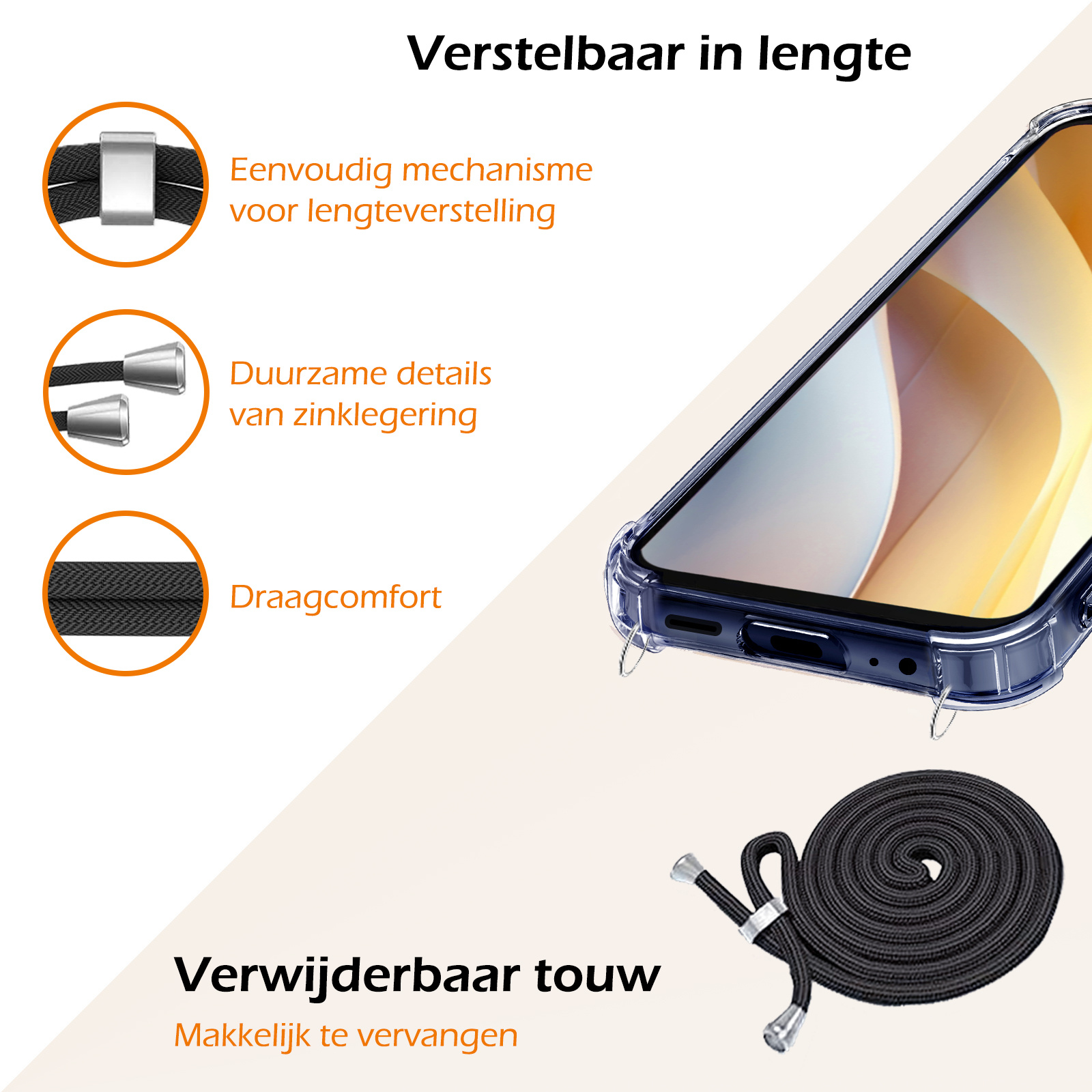 Nomfy Hoesje Geschikt voor Samsung A15 Hoesje Shock Proof Transparant Met Telefoonketting Case Shock Koord - Hoesje Geschikt voor Samsung Galaxy A15 Shock Proof Case Met Koord - Transparant