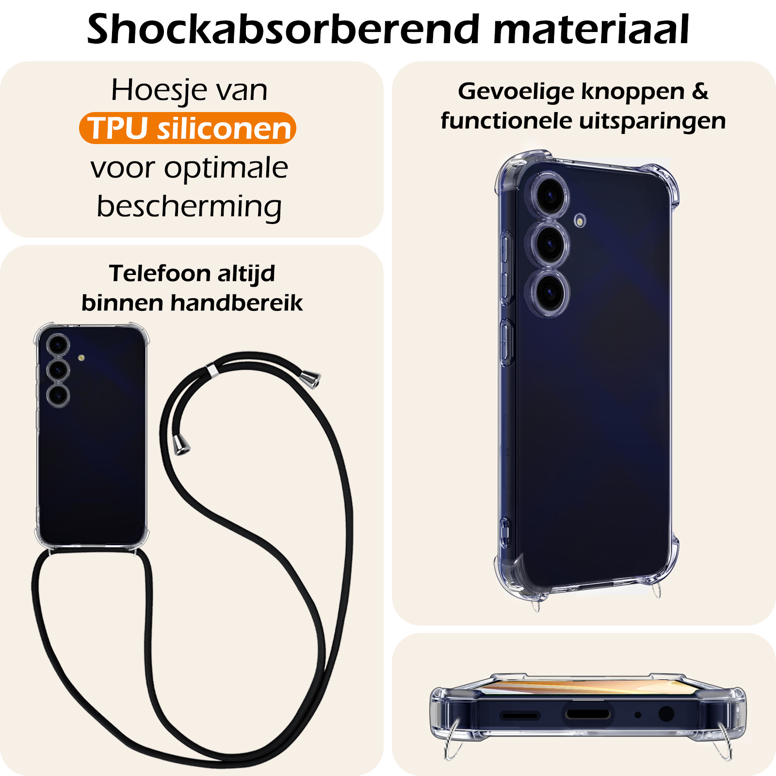 Nomfy Hoesje Geschikt voor Samsung A15 Hoesje Shock Proof Transparant Met Telefoonketting Case Shock Koord - Hoesje Geschikt voor Samsung Galaxy A15 Shock Proof Case Met Koord - Transparant