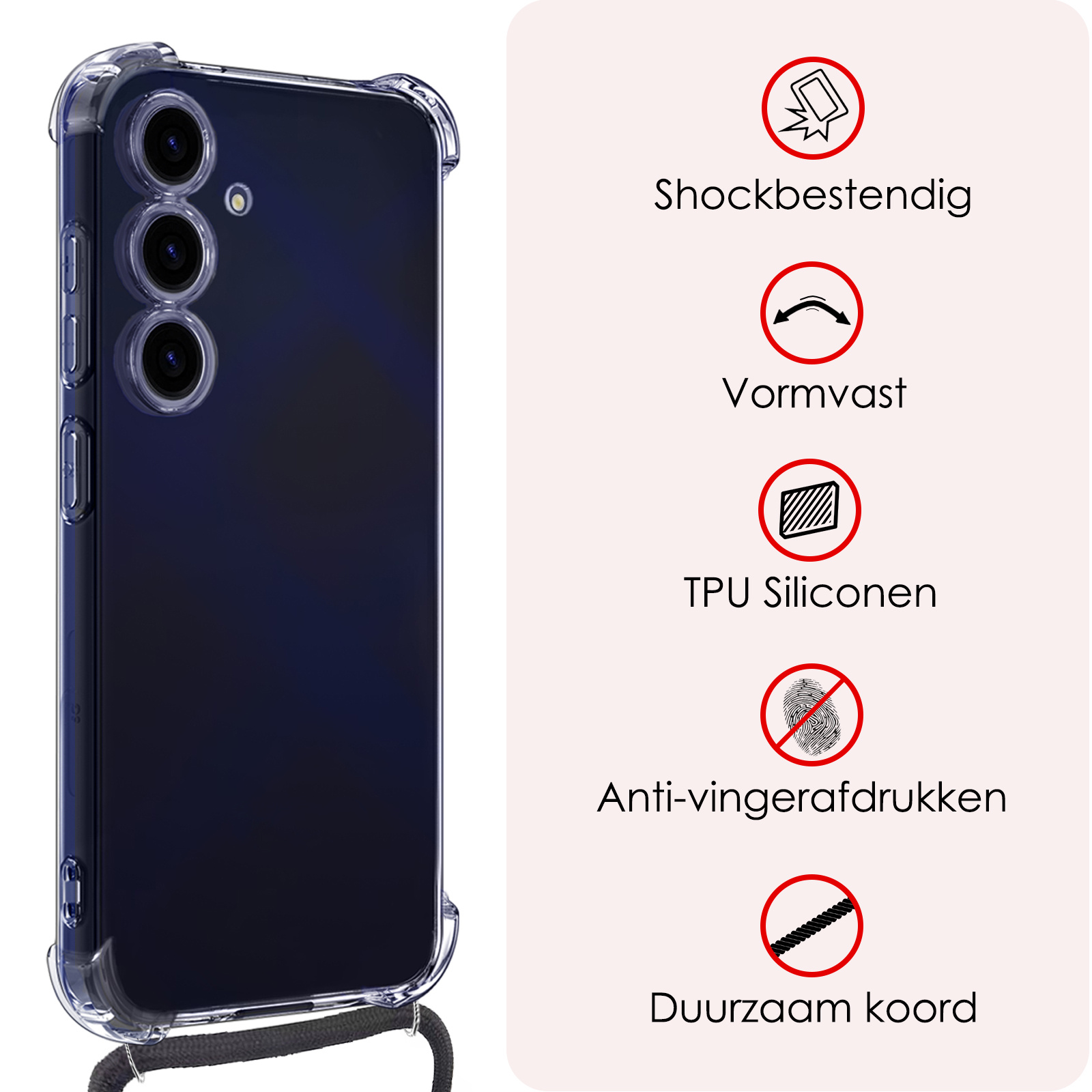 NoXx Hoes Geschikt voor Samsung A15 Hoesje Transparant Met Telefoonkoord Cover Shock Proof Case Koord Hoes