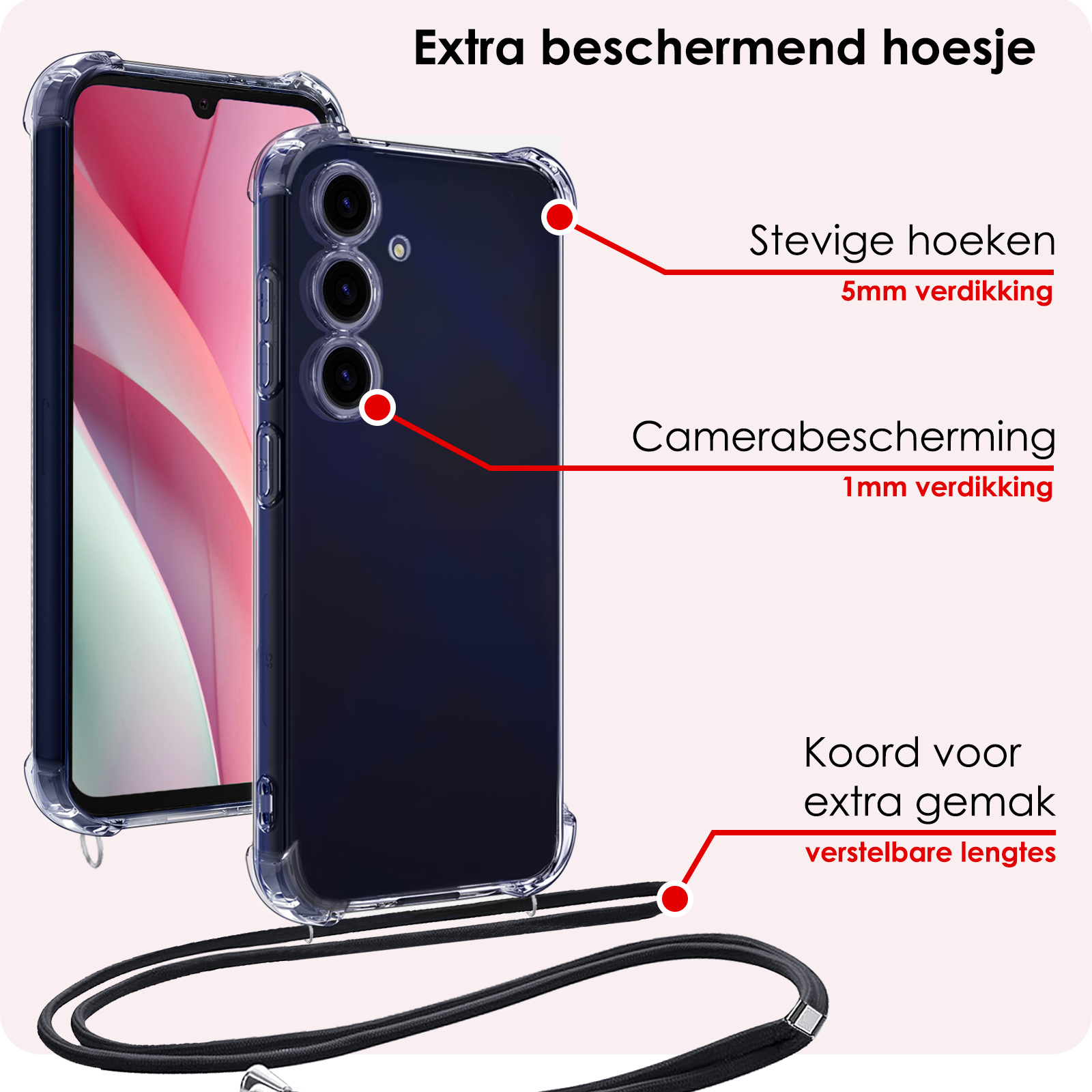 NoXx Hoes Geschikt voor Samsung A15 Hoesje Transparant Met Telefoonkoord Cover Shock Proof Case Koord Hoes