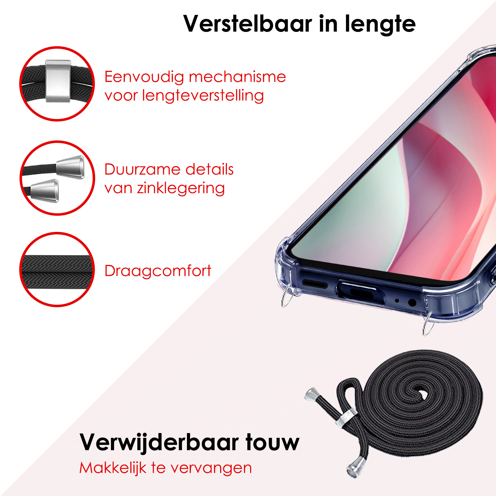 NoXx Hoes Geschikt voor Samsung A15 Hoesje Transparant Met Telefoonkoord Cover Shock Proof Case Koord Hoes