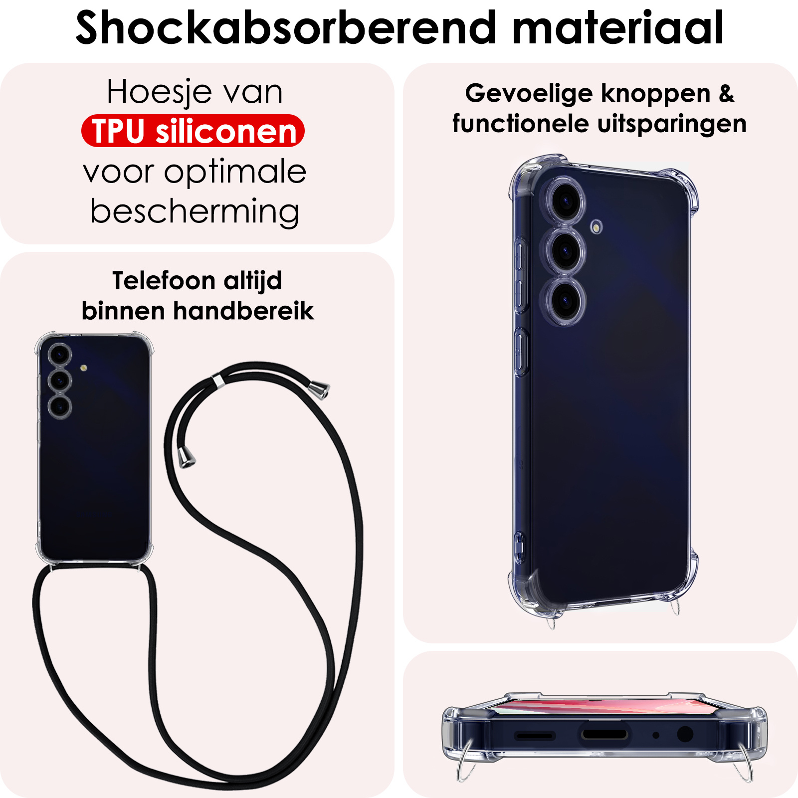 NoXx Hoes Geschikt voor Samsung A15 Hoesje Transparant Met Telefoonkoord Cover Shock Proof Case Koord Hoes