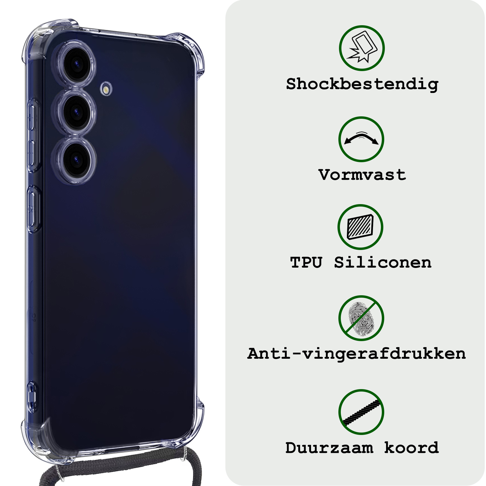 BASEY. Hoes Geschikt voor Samsung A15 Hoesje Shock Proof Case Met Koord Shock Hoes Met Koord - Hoesje Geschikt voor Samsung Galaxy A15 Hoes Cover Met Koord - Transparant