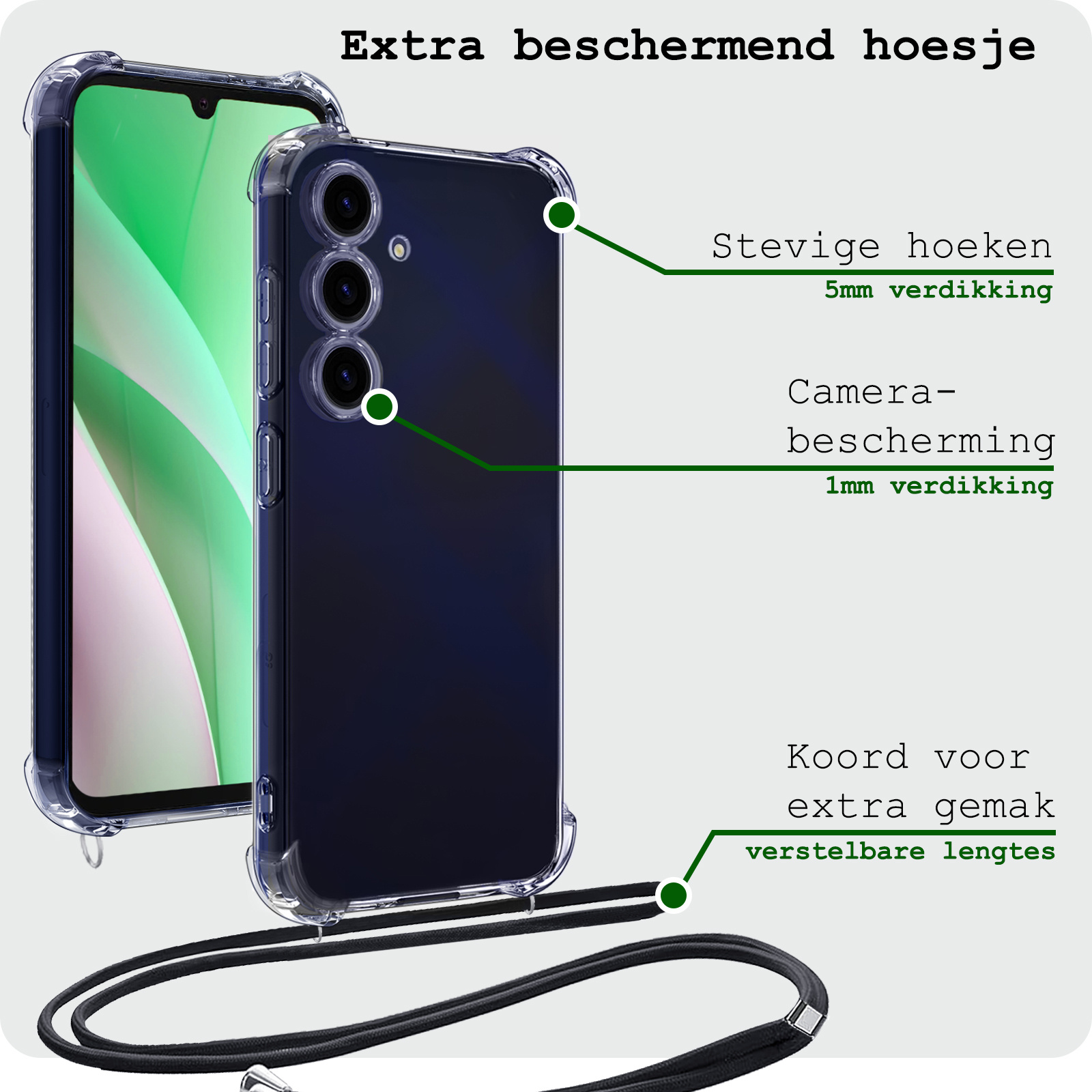 BASEY. Hoes Geschikt voor Samsung A15 Hoesje Shock Proof Case Met Koord Shock Hoes Met Koord - Hoesje Geschikt voor Samsung Galaxy A15 Hoes Cover Met Koord - Transparant