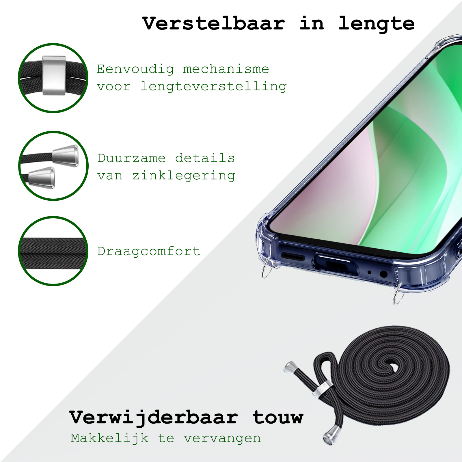 BASEY. Hoes Geschikt voor Samsung A15 Hoesje Shock Proof Case Met Koord Shock Hoes Met Koord - Hoesje Geschikt voor Samsung Galaxy A15 Hoes Cover Met Koord - Transparant