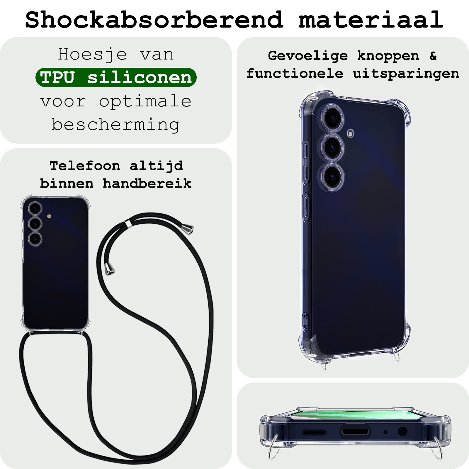 BASEY. Hoes Geschikt voor Samsung A15 Hoesje Shock Proof Case Met Koord Shock Hoes Met Koord - Hoesje Geschikt voor Samsung Galaxy A15 Hoes Cover Met Koord - Transparant