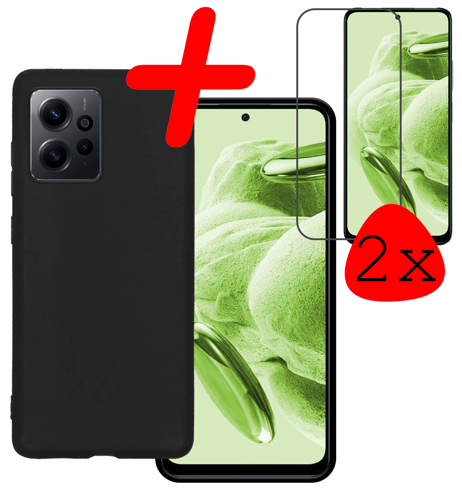 BASEY. Hoes Geschikt voor Xiaomi Redmi Note 12 5G Hoesje Siliconen Back Cover Case Met 2x Screenprotector - Hoesje Geschikt voor Xiaomi Redmi Note 12 5G Hoes Cover Hoesje - Zwart