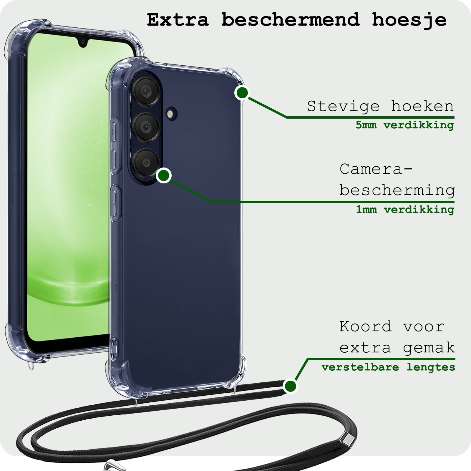 BASEY. Hoes Geschikt voor Samsung A25 Hoesje Shock Proof Case Met Koord Shock Hoes Met Koord - Hoesje Geschikt voor Samsung Galaxy A25 Hoes Cover Met Koord - Transparant