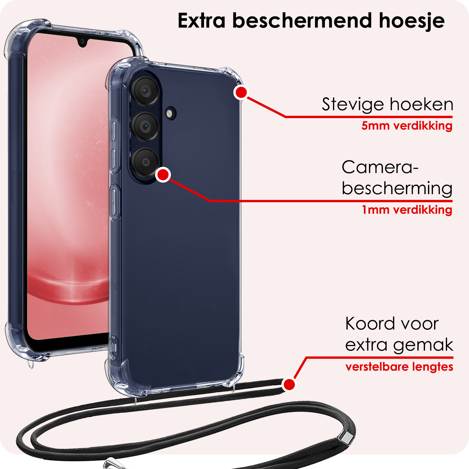 NoXx Hoes Geschikt voor Samsung A25 Hoesje Transparant Met Telefoonkoord Cover Shock Proof Case Koord Hoes