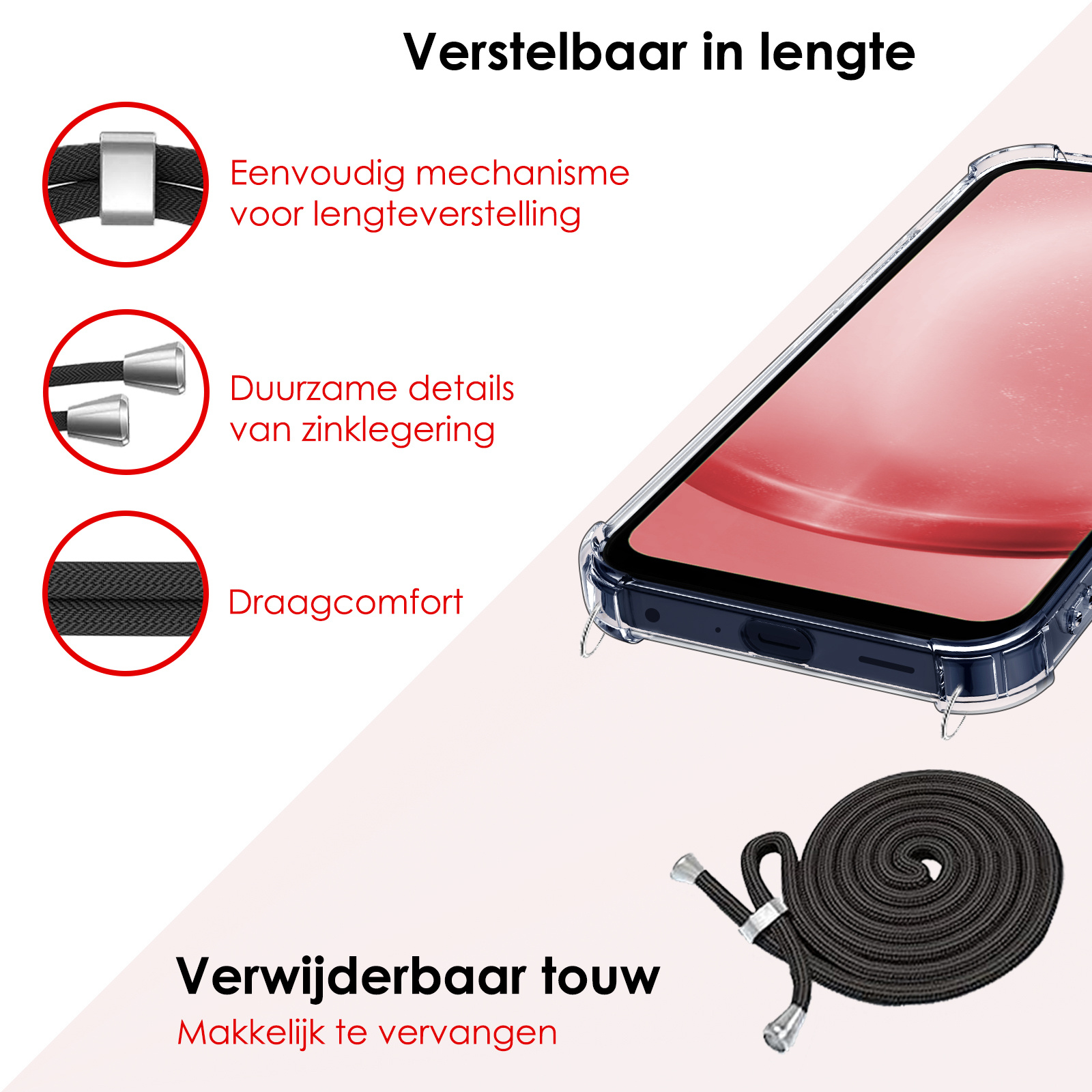 NoXx Hoes Geschikt voor Samsung A25 Hoesje Transparant Met Telefoonkoord Cover Shock Proof Case Koord Hoes