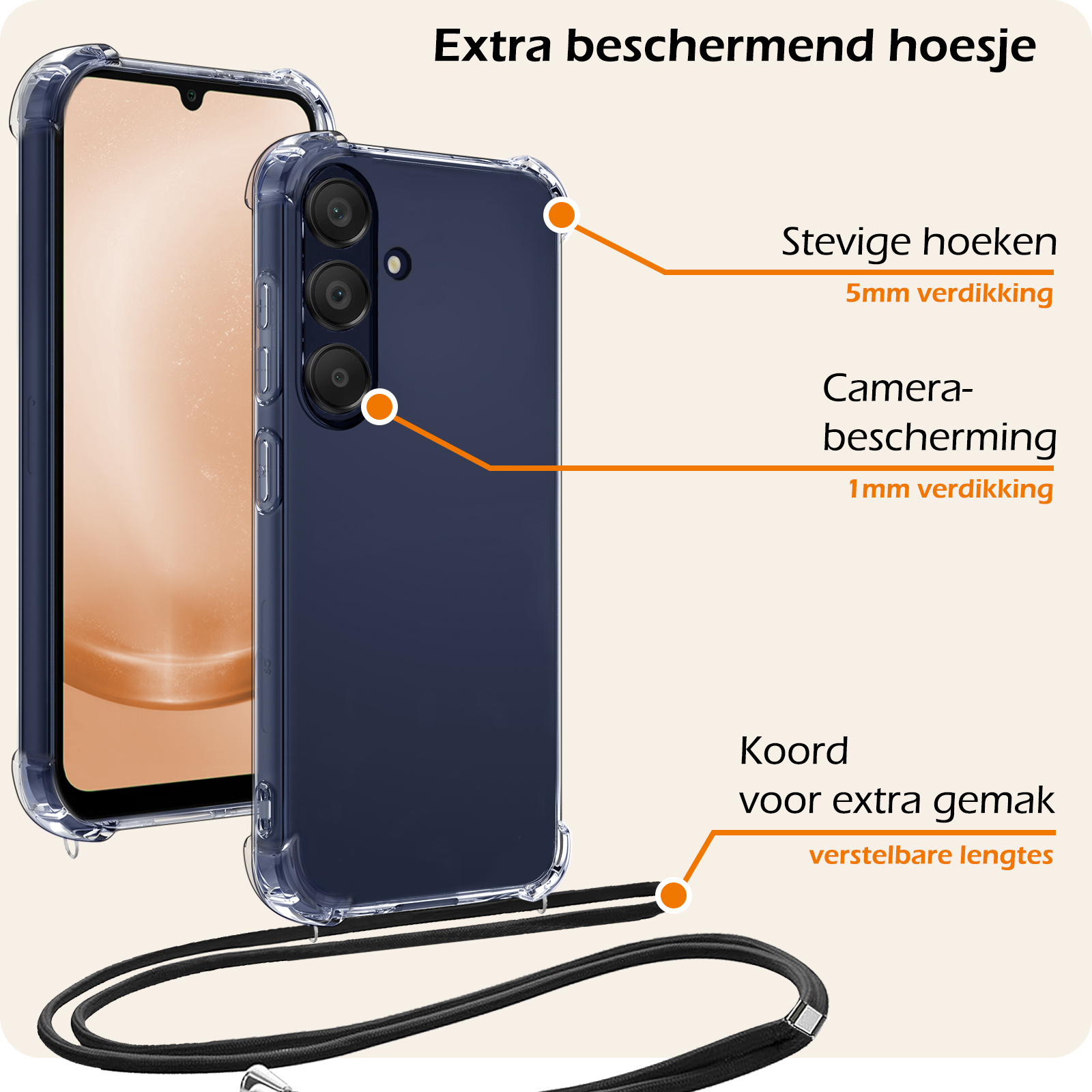 Nomfy Hoesje Geschikt voor Samsung A25 Hoesje Shock Proof Transparant Met Telefoonketting Case Shock Koord - Hoesje Geschikt voor Samsung Galaxy A25 Shock Proof Case Met Koord - Transparant